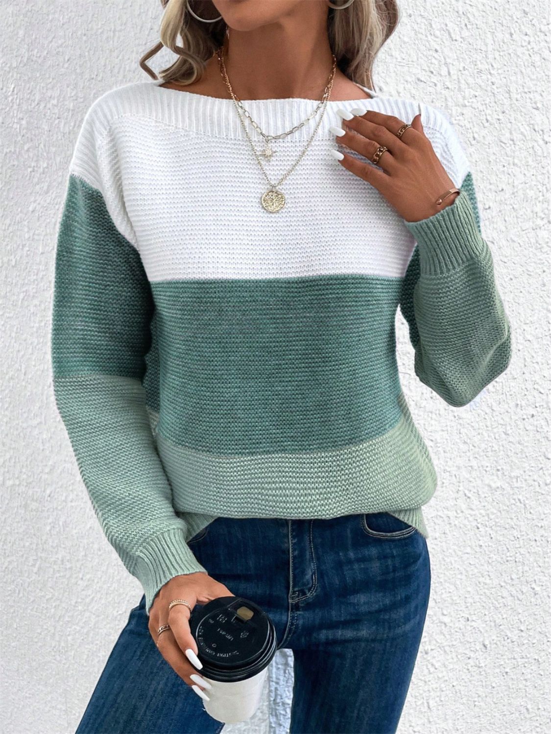 Blue Zone Planet | Color Block Drop Shoulder Long Sleeve Sweater-TOPS / DRESSES-[Adult]-[Female]-2022 Online Blue Zone Planet