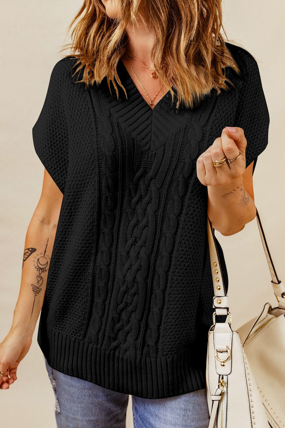 Cable-Knit V-Neck Sweater Vest-TOPS / DRESSES-[Adult]-[Female]-2022 Online Blue Zone Planet