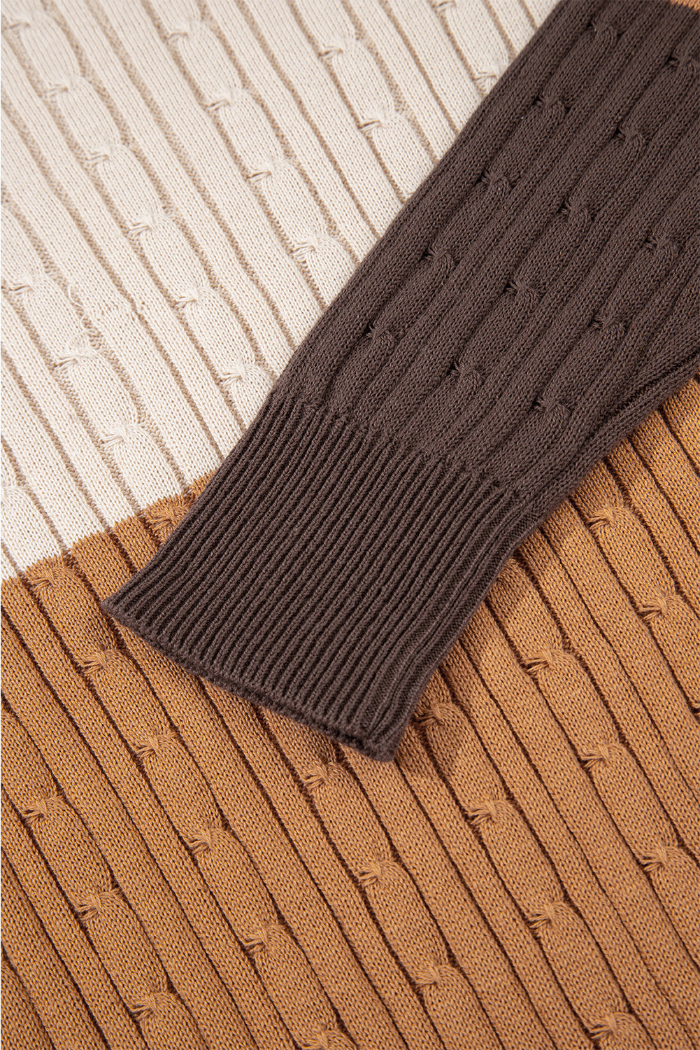 Khaki Colorblock Cable Knit Round Neck Sweater-TOPS / DRESSES-[Adult]-[Female]-2022 Online Blue Zone Planet