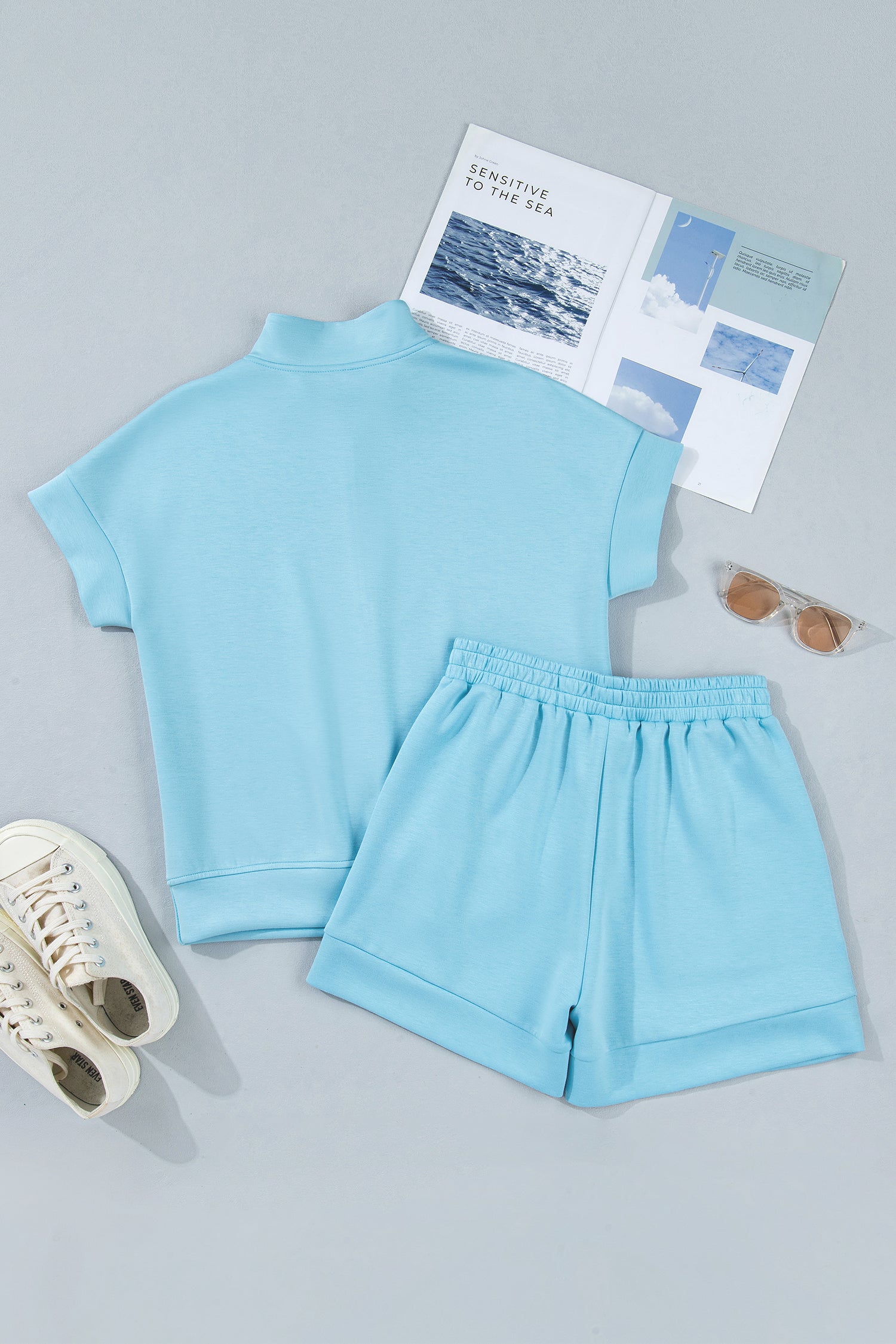 Myosotis Half Zip High Neck Tee Athleisure Short Set-Two Piece Sets/Short Sets-[Adult]-[Female]-2022 Online Blue Zone Planet