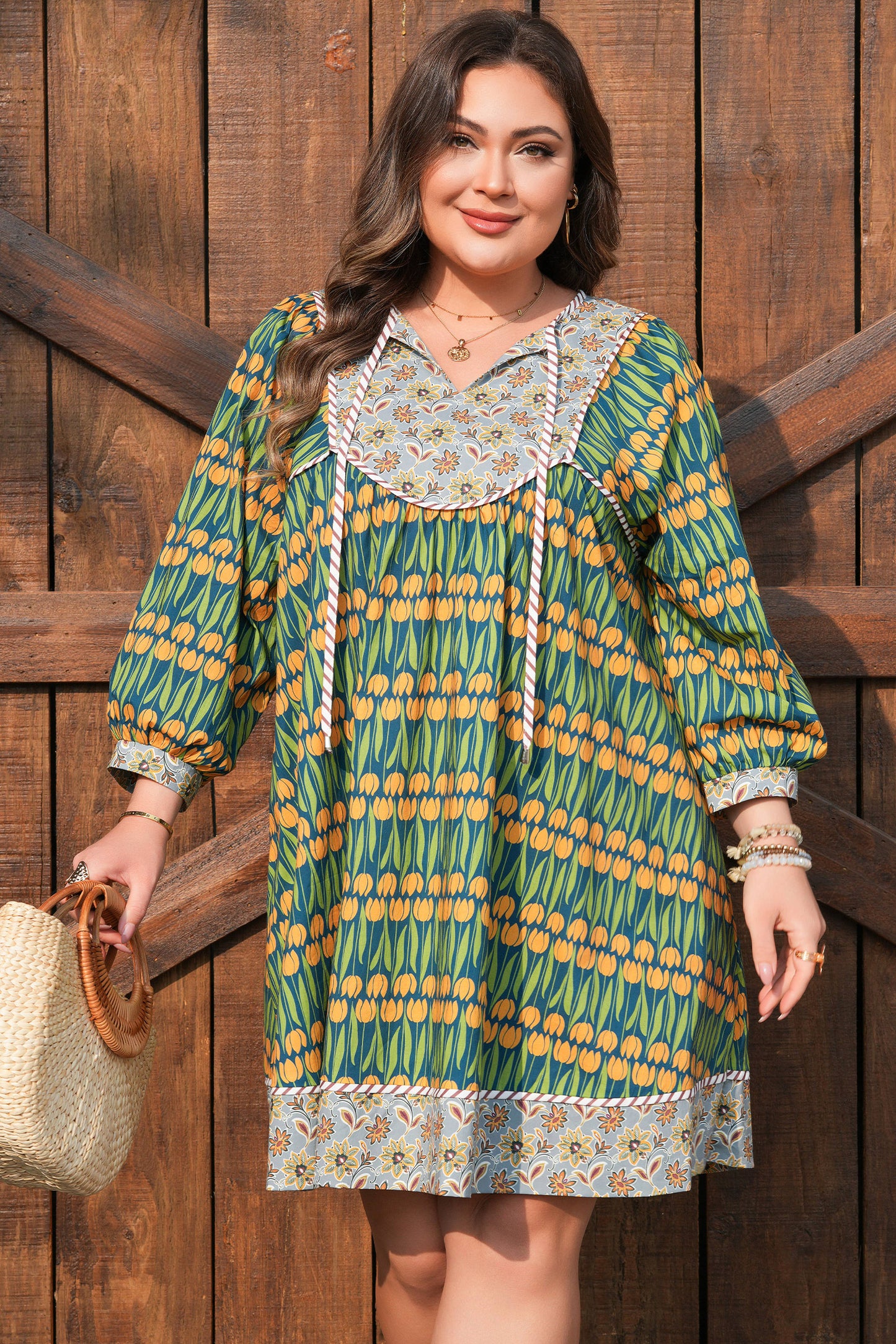 Green Plus Size Mixed Floral Print Striped Trim Loose Mini Dress-TOPS / DRESSES-[Adult]-[Female]-2022 Online Blue Zone Planet