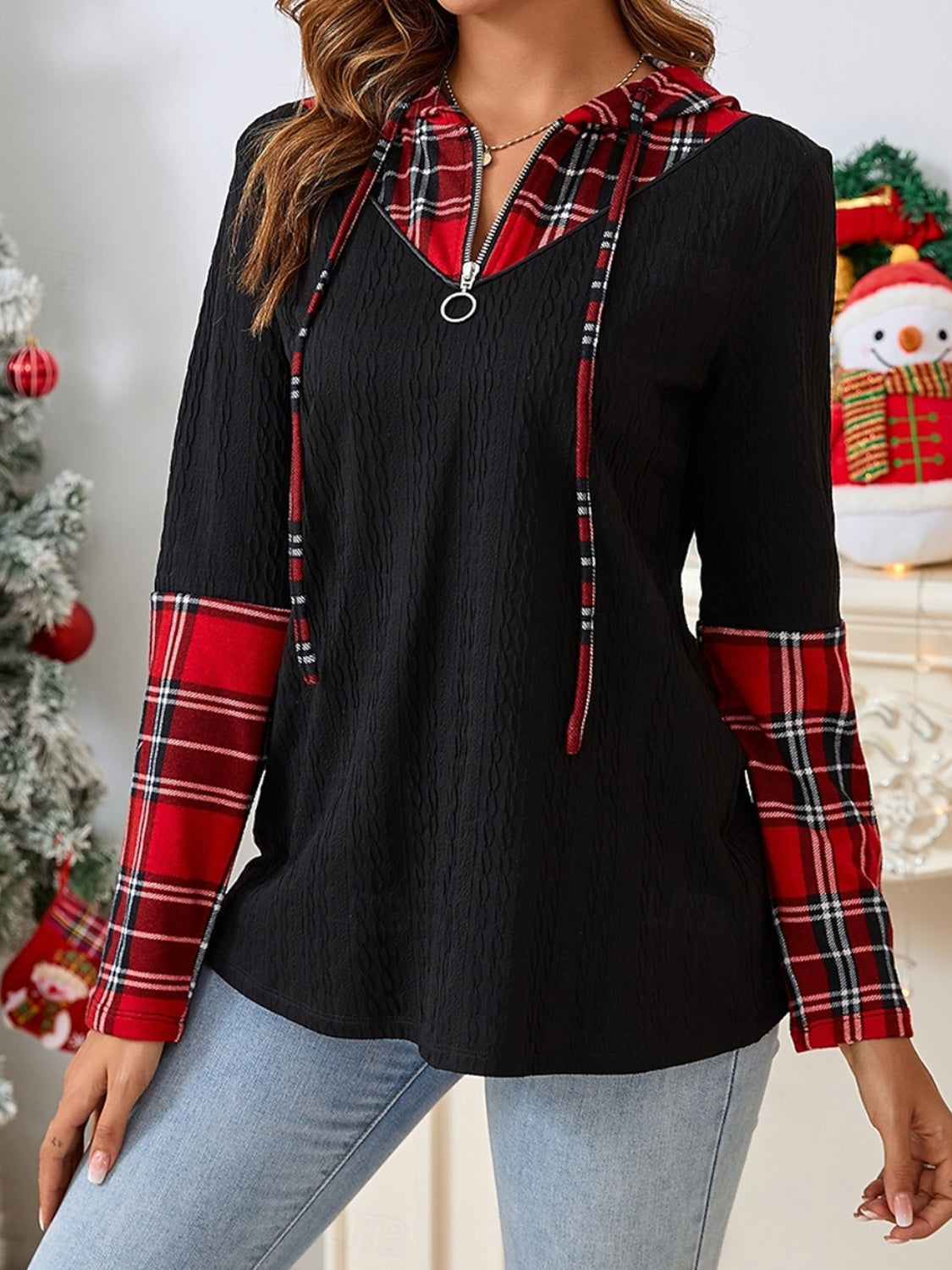 Plaid Quarter Zip Hooded T-Shirt-TOPS / DRESSES-[Adult]-[Female]-2022 Online Blue Zone Planet