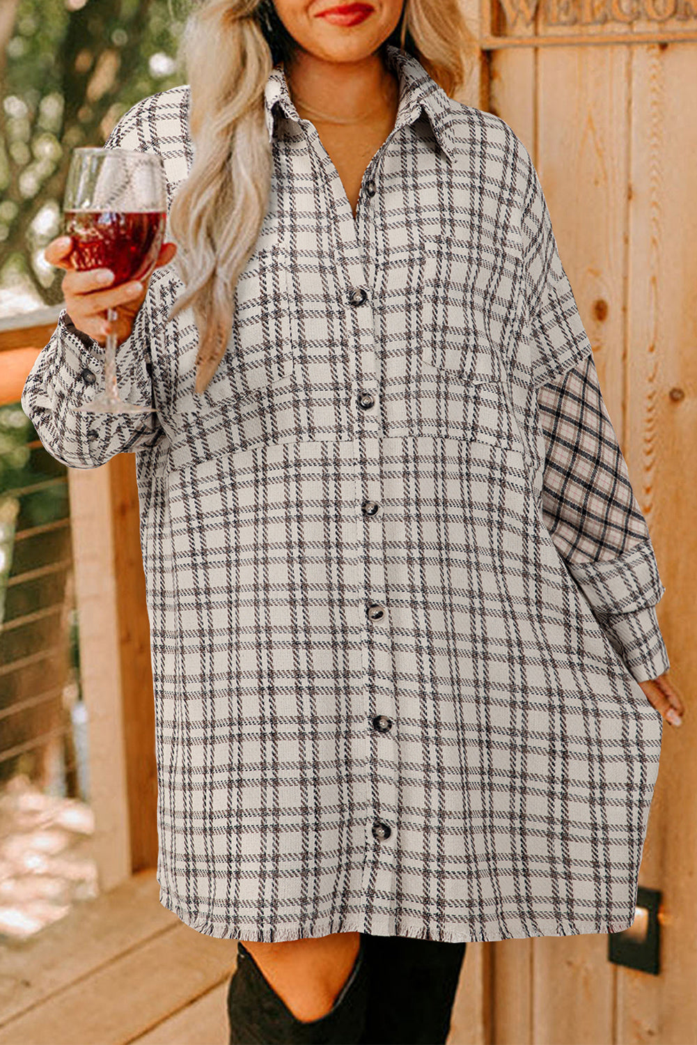 Blue Zone Planet | White Stripe Plus Size Plaid Buttoned Raw Hem Tunic Shirt Dress-TOPS / DRESSES-[Adult]-[Female]-White Stripe-1X-2022 Online Blue Zone Planet