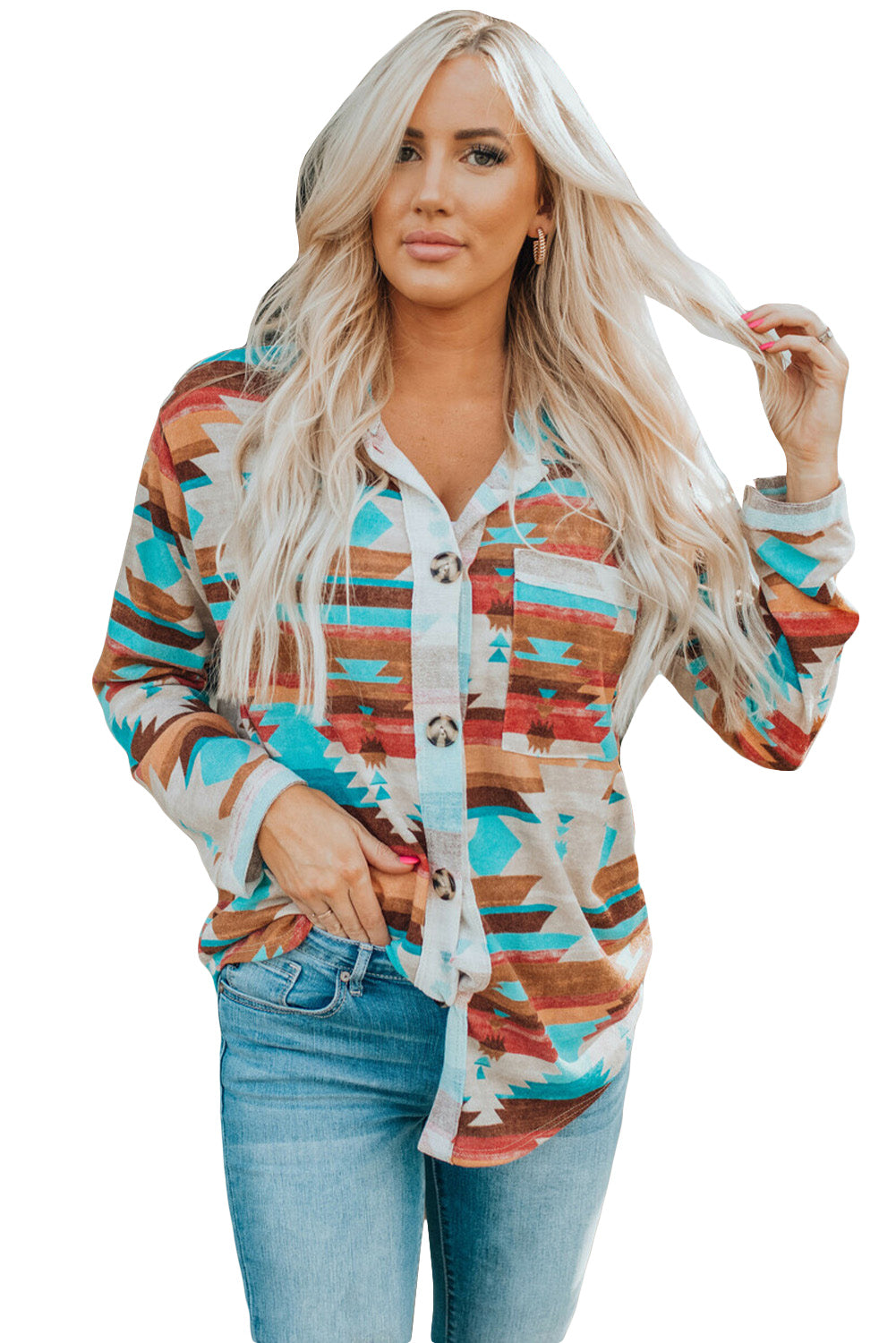 Multicolor Aztec Print Buttoned Pocket Chest Long Sleeve Shirt-Tops/Blouses & Shirts-[Adult]-[Female]-2022 Online Blue Zone Planet