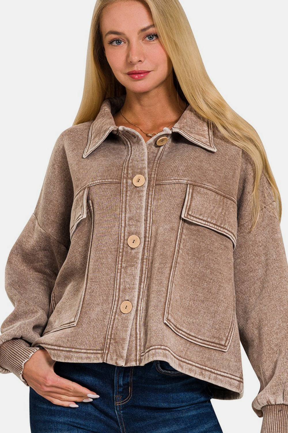 Zenana Wash Fleece Front Pocket Button Up Shacket-TOPS / DRESSES-[Adult]-[Female]-Mocha-S/M-2022 Online Blue Zone Planet