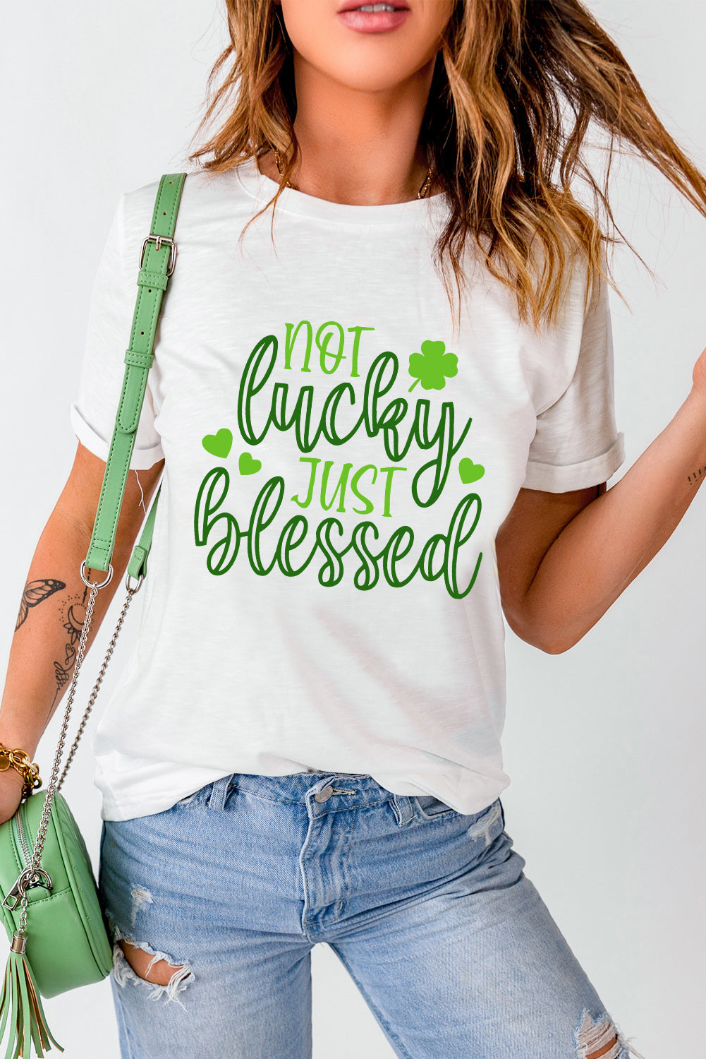 White St Patricks Not Luck Just Blessed Graphic T-shirt-Graphic/Graphic Tees-[Adult]-[Female]-2022 Online Blue Zone Planet
