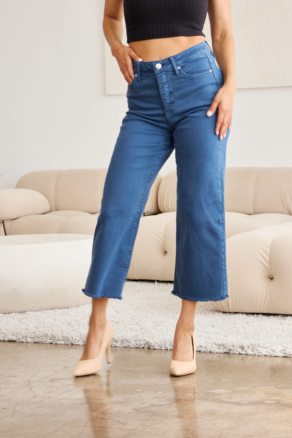 RFM Crop Chloe Full Size Tummy Control High Waist Raw Hem Jeans-BOTTOM SIZES SMALL MEDIUM LARGE-[Adult]-[Female]-2022 Online Blue Zone Planet