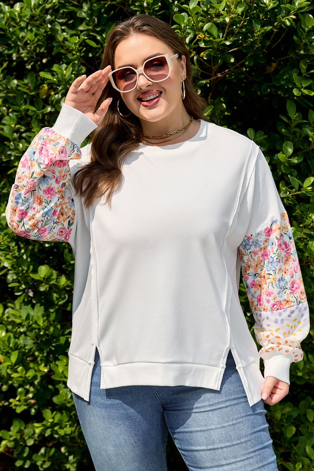 White Plus Size Exposed Seam Detail Contrast Dot Floral Patchwork Sleeve Sweatshirt-Plus Size/Plus Size Sweatshirts & Hoodies-[Adult]-[Female]-2022 Online Blue Zone Planet