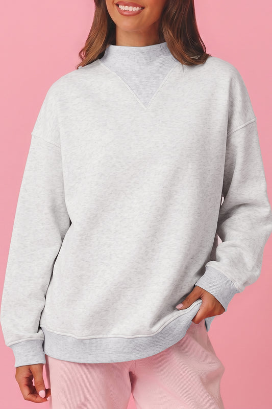 Light Grey High Neck Ribbed Cuff Hem Sweatshirt-Tops/Sweatshirts & Hoodies-[Adult]-[Female]-Light Grey-S-2022 Online Blue Zone Planet