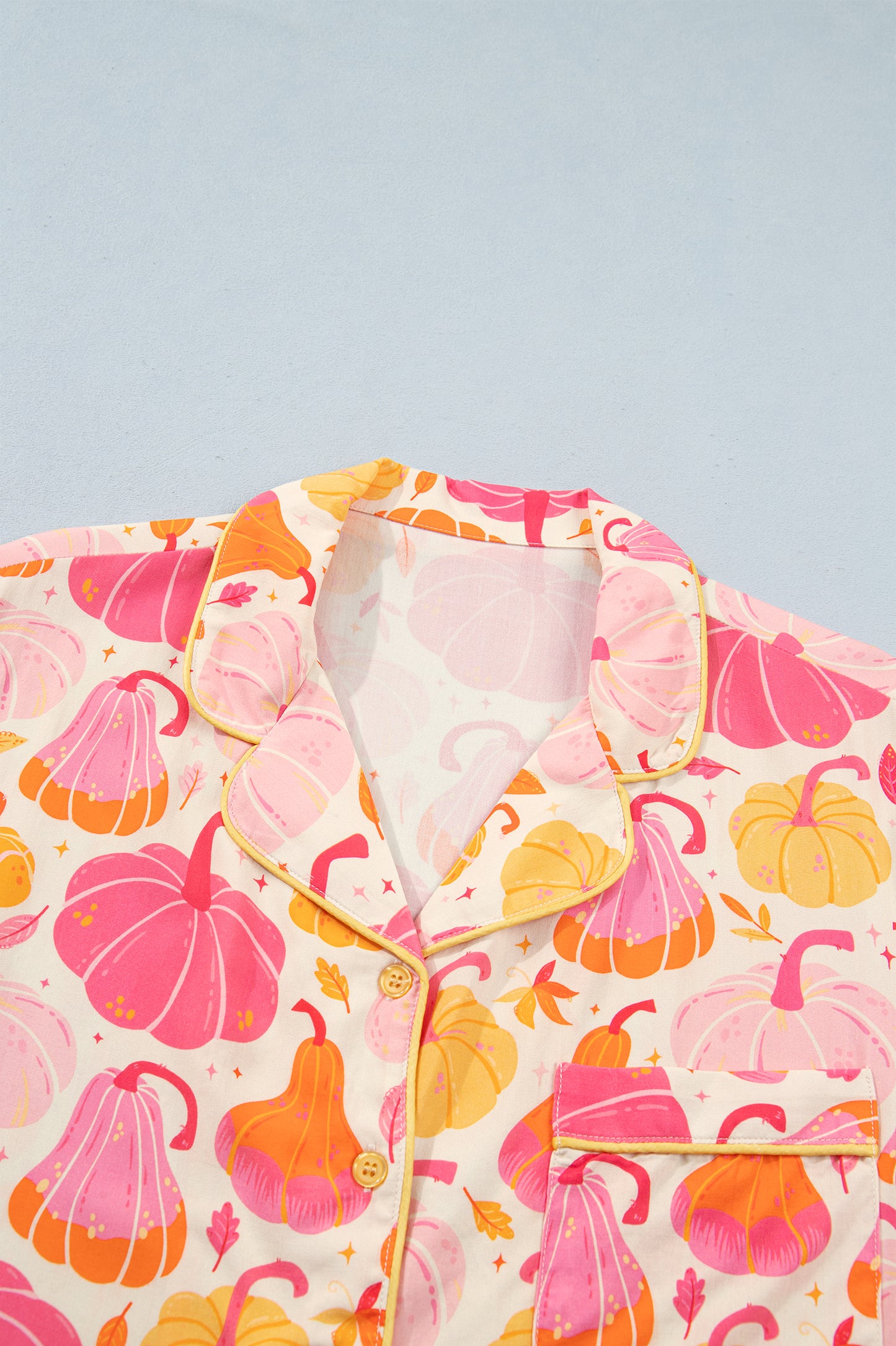 Pink Short Sleeve Pumpkin Print Pocket Placket Shell Button Lounge Set-Loungewear & Sleepwear/Loungewear-[Adult]-[Female]-2022 Online Blue Zone Planet