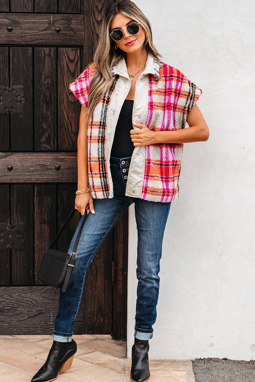 Rose Sherpa Plaid Jacket Vest-Outerwear/Vests-[Adult]-[Female]-2022 Online Blue Zone Planet