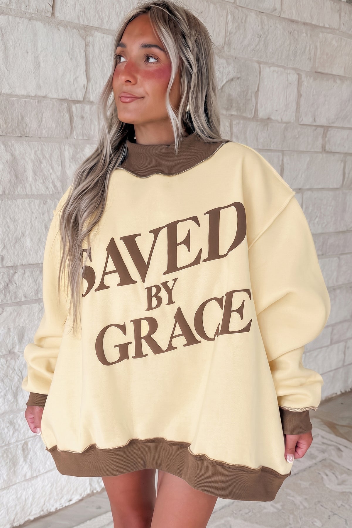 Beige Saved By Grace Print Color Block Mock Neck Oversized Sweatshirt-Tops/Sweatshirts & Hoodies-[Adult]-[Female]-2022 Online Blue Zone Planet