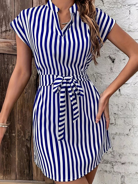 Tied Striped Cap Sleeve Mini Dress-TOPS / DRESSES-[Adult]-[Female]-Royal Blue-S-2022 Online Blue Zone Planet