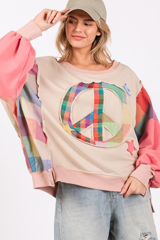 SAGE + FIG Full Size Contrast Peace Patch Dropped Shoulder Sweatshirt-TOPS / DRESSES-[Adult]-[Female]-2022 Online Blue Zone Planet