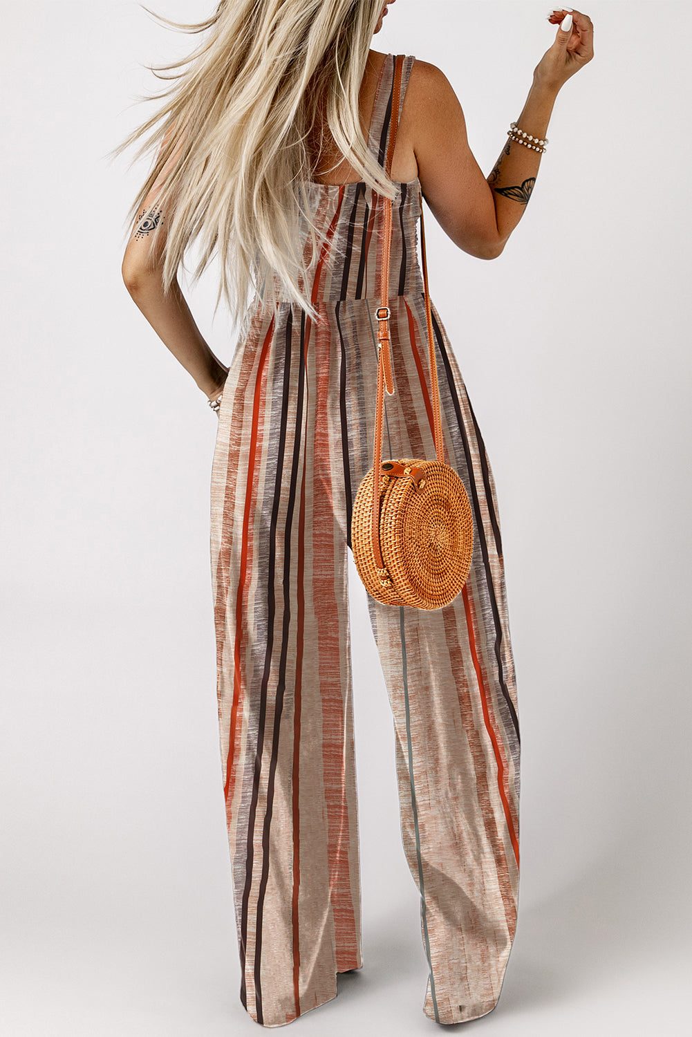 Yellow Stripe Square Neck Sleeveless Smocked Bodice Wide Leg Jumpsuit-Bottoms/Jumpsuits & Rompers-[Adult]-[Female]-2022 Online Blue Zone Planet