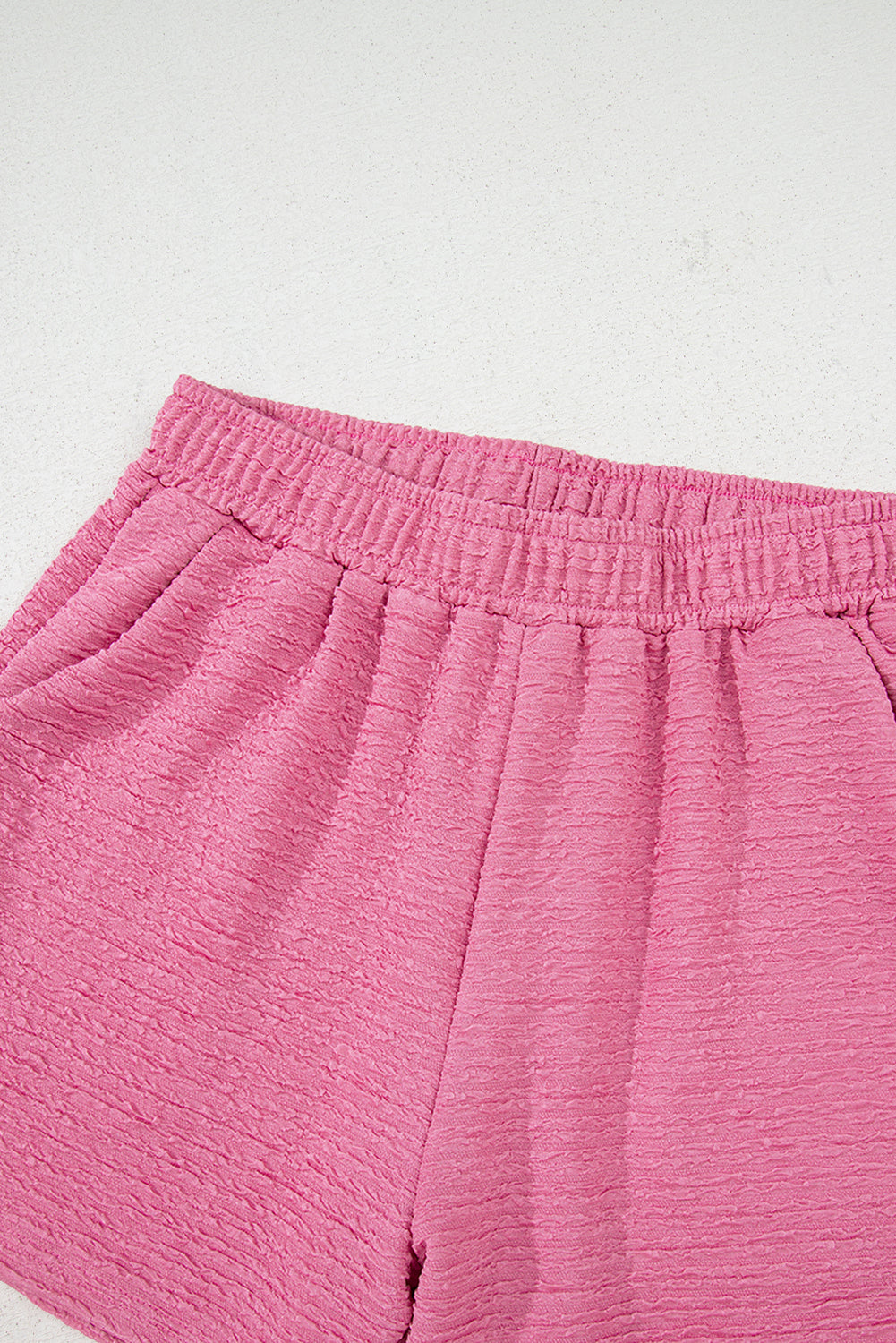 Pink Textured V Neck T Shirt And Shorts Set-Two Piece Sets/Short Sets-[Adult]-[Female]-2022 Online Blue Zone Planet