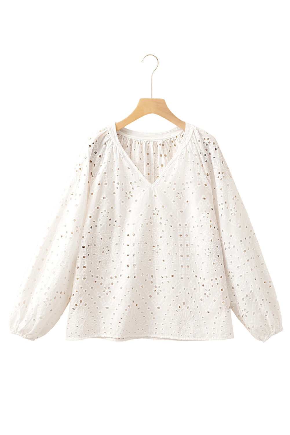 White Eyelet Embroidered Puff Sleeve V Neck Blouse-Blouses-[Adult]-[Female]-2022 Online Blue Zone Planet