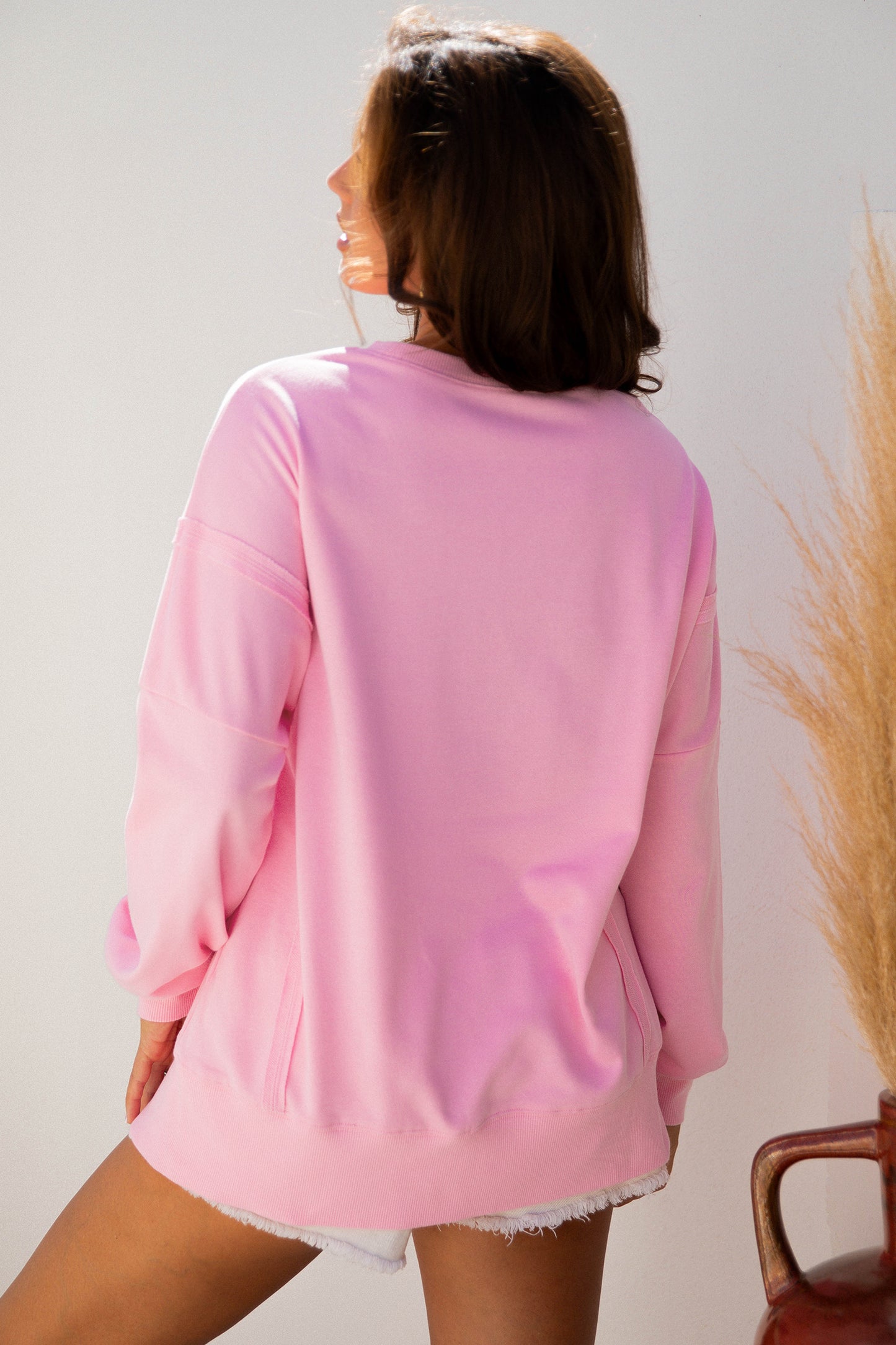 Pink Bow Sequin XOXO Letter Graphic Exposed Seam Baggy Sweatshirt-Tops/Sweatshirts & Hoodies-[Adult]-[Female]-2022 Online Blue Zone Planet