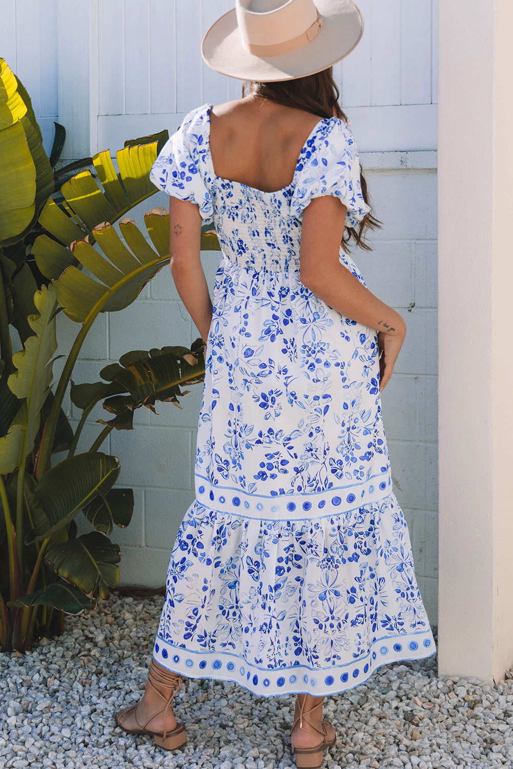 Sky Blue Floral Print Square Neck Bubble Sleeve High Waist Maxi Dress-TOPS / DRESSES-[Adult]-[Female]-2022 Online Blue Zone Planet