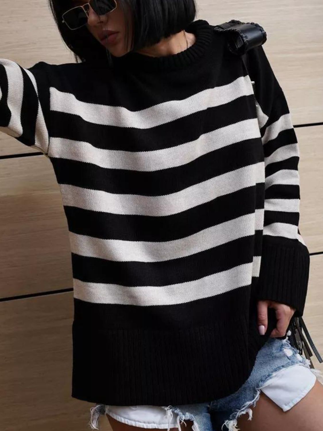 Slit Striped Round Neck Sweater-TOPS / DRESSES-[Adult]-[Female]-2022 Online Blue Zone Planet