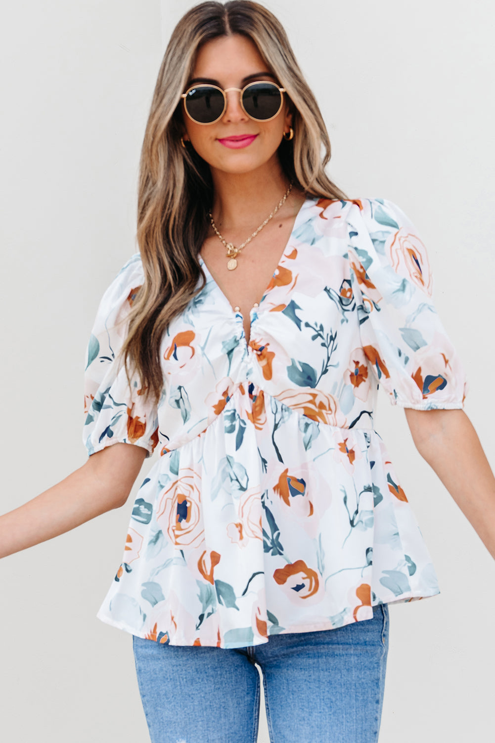 Green Floral Print Puff Sleeve V Neck Babydoll Blouse-Tops/Blouses & Shirts-[Adult]-[Female]-2022 Online Blue Zone Planet