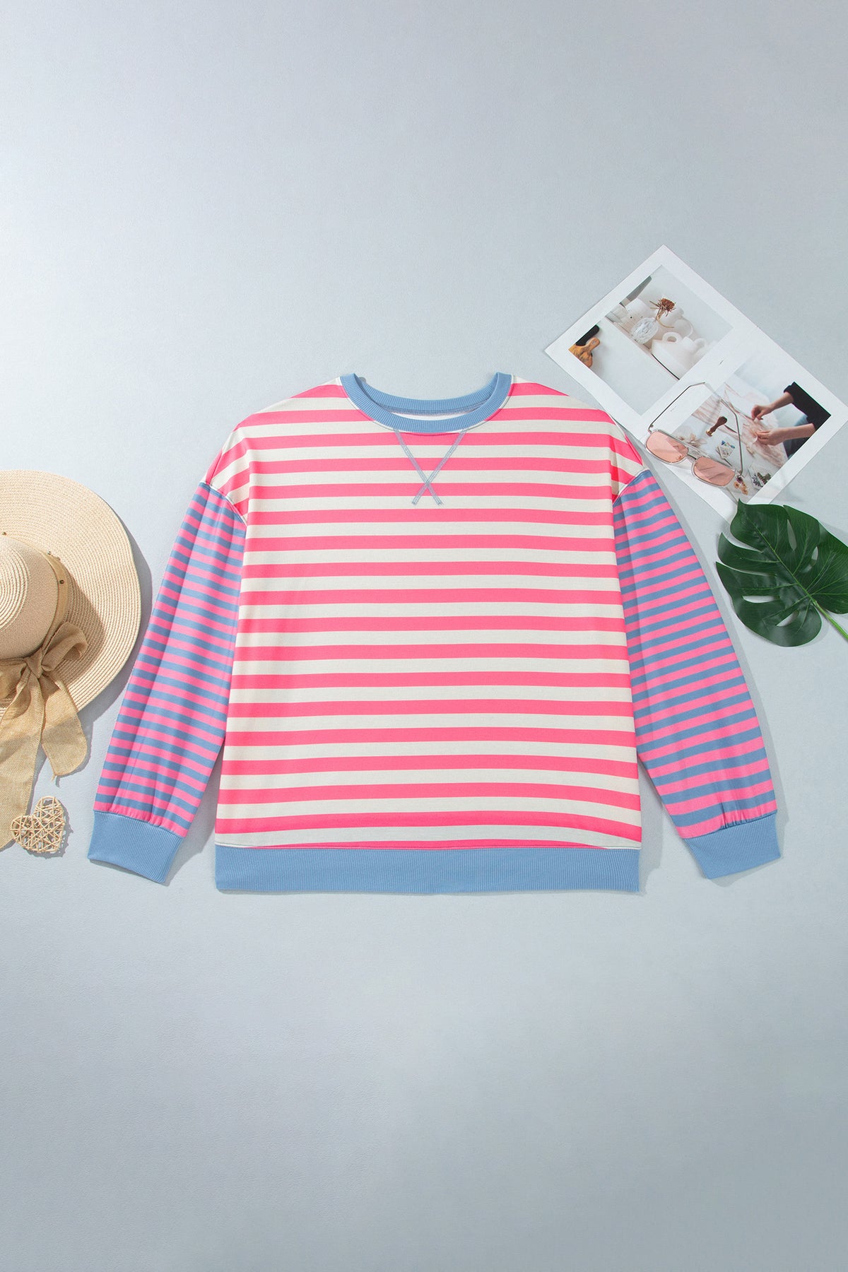 Pink Stripe Colorblock Striped Crewneck Long Sleeve Shift Tunic Plus Size Sweatshirt