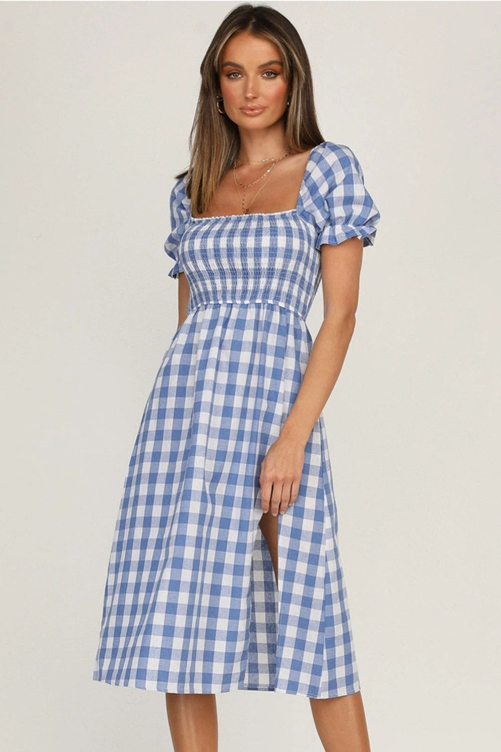 Full Size Slit Plaid Short Sleeve Midi Dress-TOPS / DRESSES-[Adult]-[Female]-Light Blue-S-2022 Online Blue Zone Planet