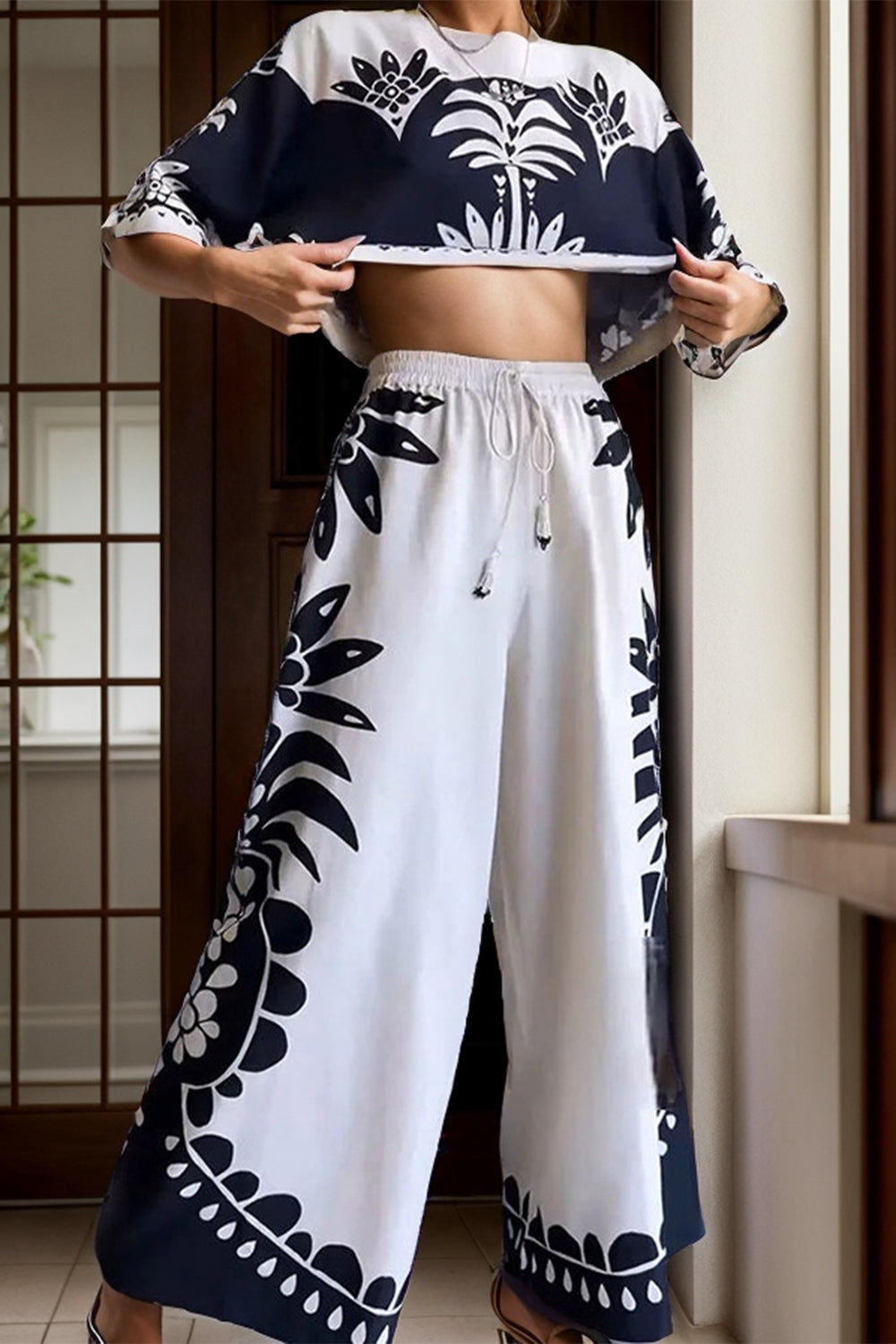 Printed Half Sleeve Top and Wide Leg Pants Set-TOPS / DRESSES-[Adult]-[Female]-2022 Online Blue Zone Planet