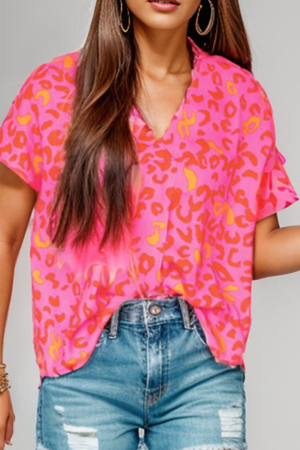 Printed V-Neck Cap Sleeve Blouse-TOPS / DRESSES-[Adult]-[Female]-Hot Pink-S-2022 Online Blue Zone Planet