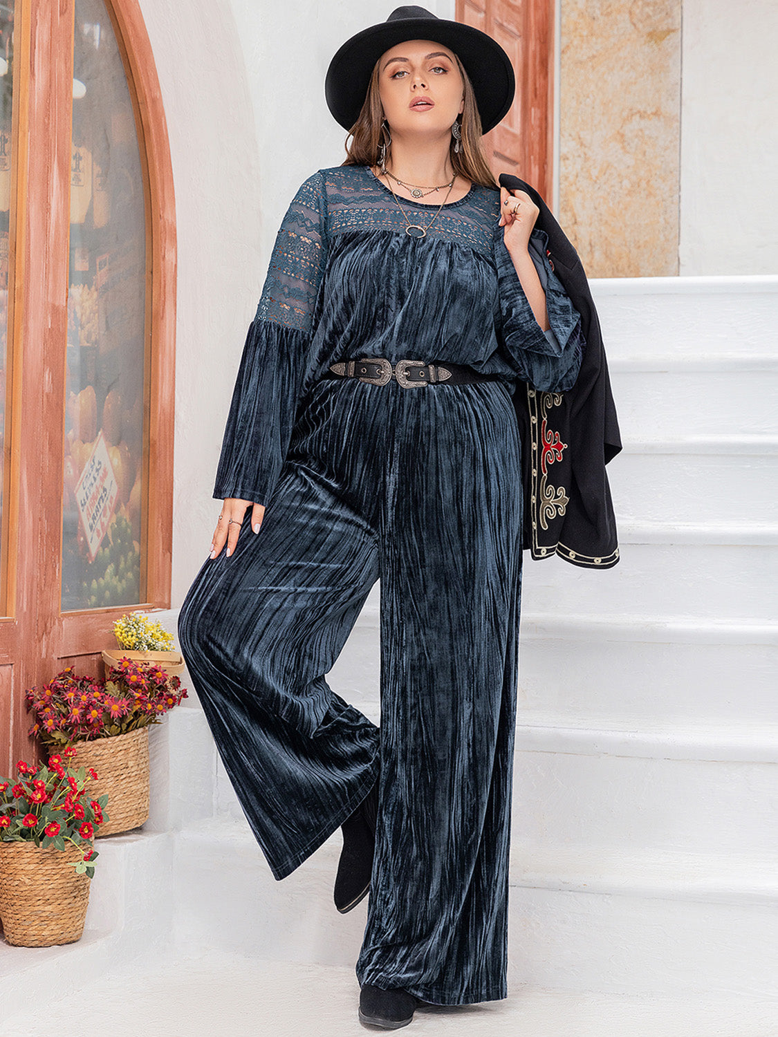 Blue Zone Planet | Plus Size Round Neck Flare Sleeve Top and Pants Set-TOPS / DRESSES-[Adult]-[Female]-2022 Online Blue Zone Planet