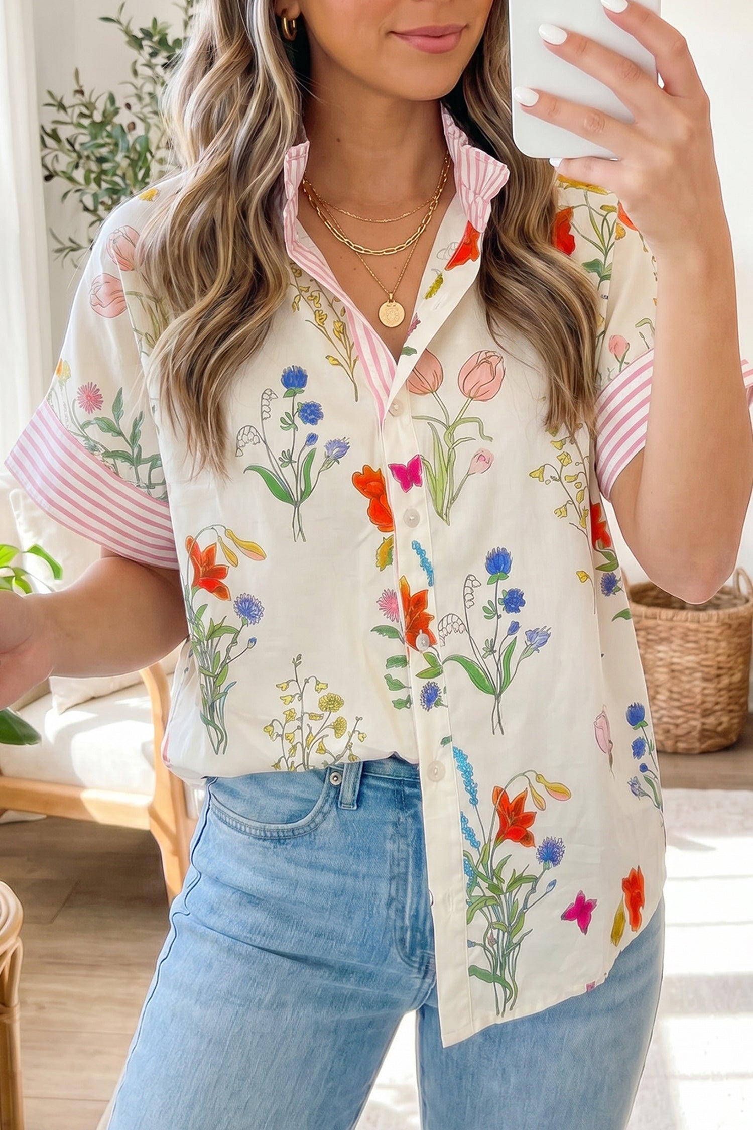 Beige Floral Striped Patchwork Ruffled Collar Short Sleeve Shirt-Tops/Blouses & Shirts-[Adult]-[Female]-Beige-S-2022 Online Blue Zone Planet