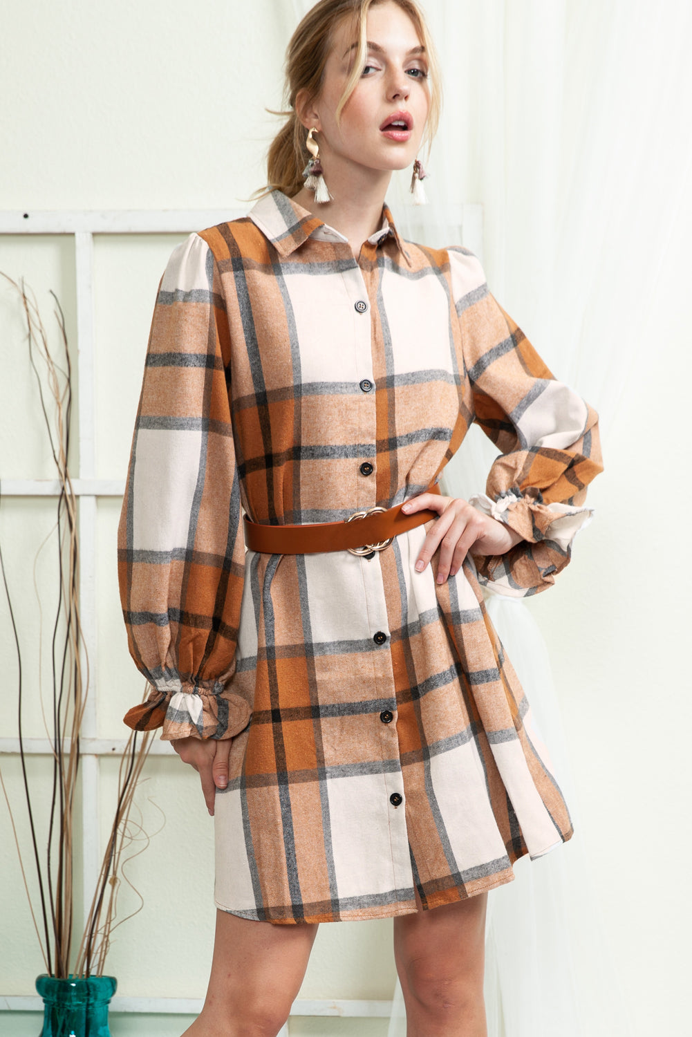 Khaki Plaid Pattern Collared Neck Ruffled Sleeve Shirt Dress-Short Dresses-[Adult]-[Female]-2022 Online Blue Zone Planet