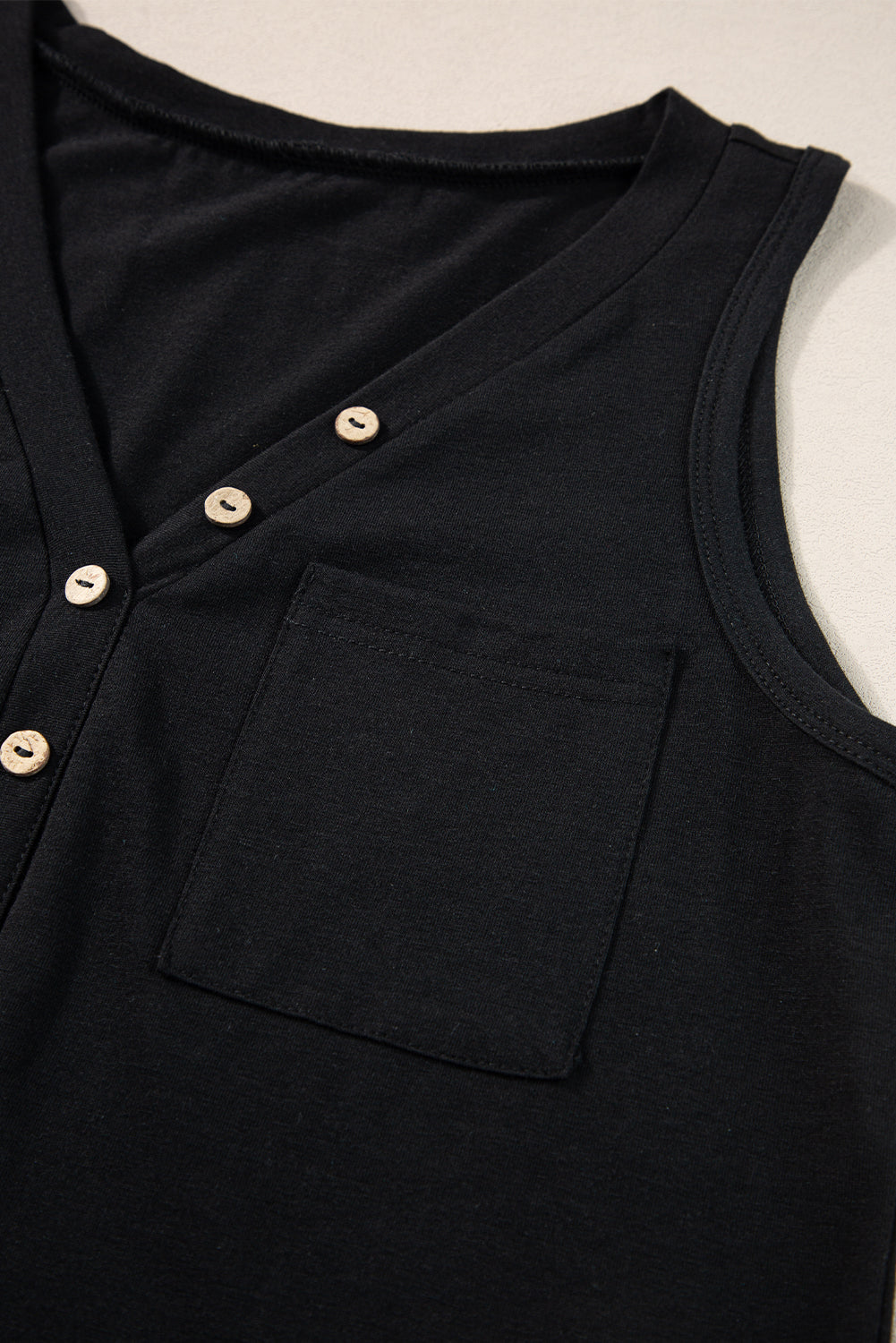 Black Half Button V Neck Patched Pocket Tank Top-Tops/Tank Tops-[Adult]-[Female]-2022 Online Blue Zone Planet