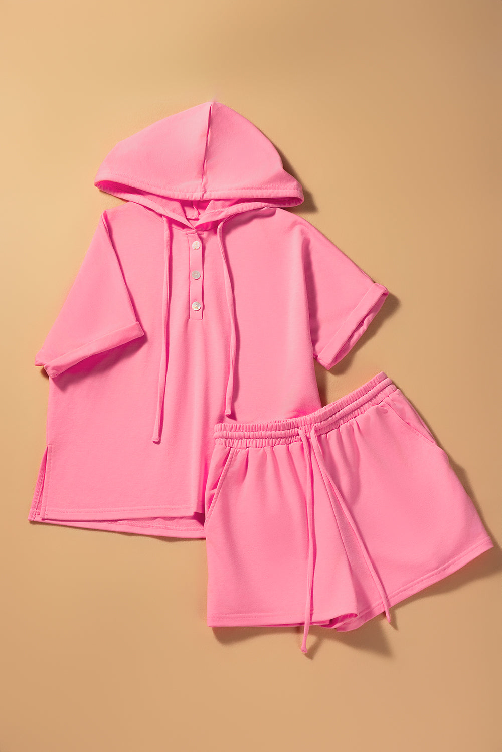 Peach Blossom Hooded Short Sleeve Henley Top and Shorts Set-Two Piece Sets/Short Sets-[Adult]-[Female]-2022 Online Blue Zone Planet