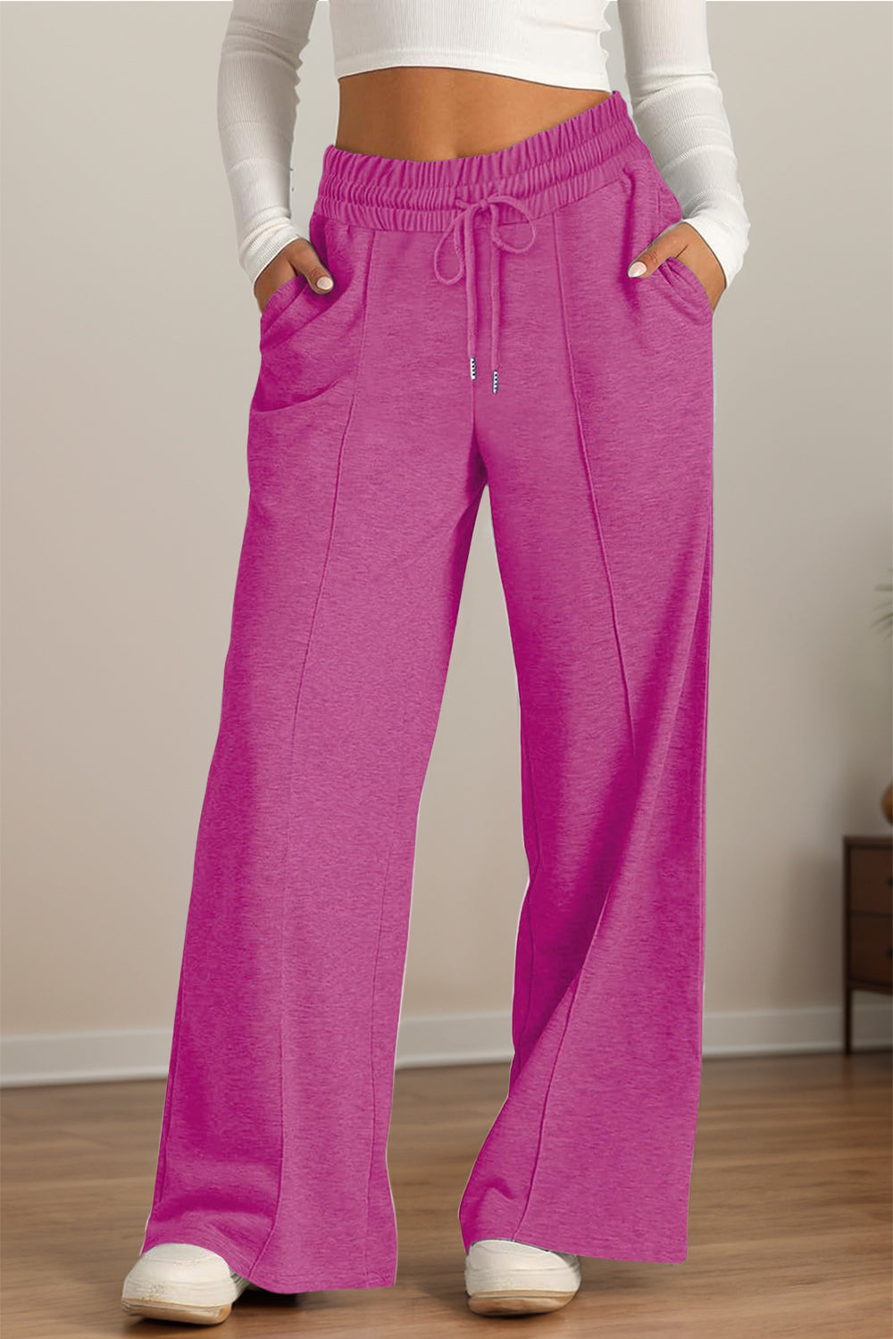 Drawstring Elastic Waist Wide Leg Pants-BOTTOMS SIZES SMALL MEDIUM LARGE-[Adult]-[Female]-Red-Violet-S-2022 Online Blue Zone Planet