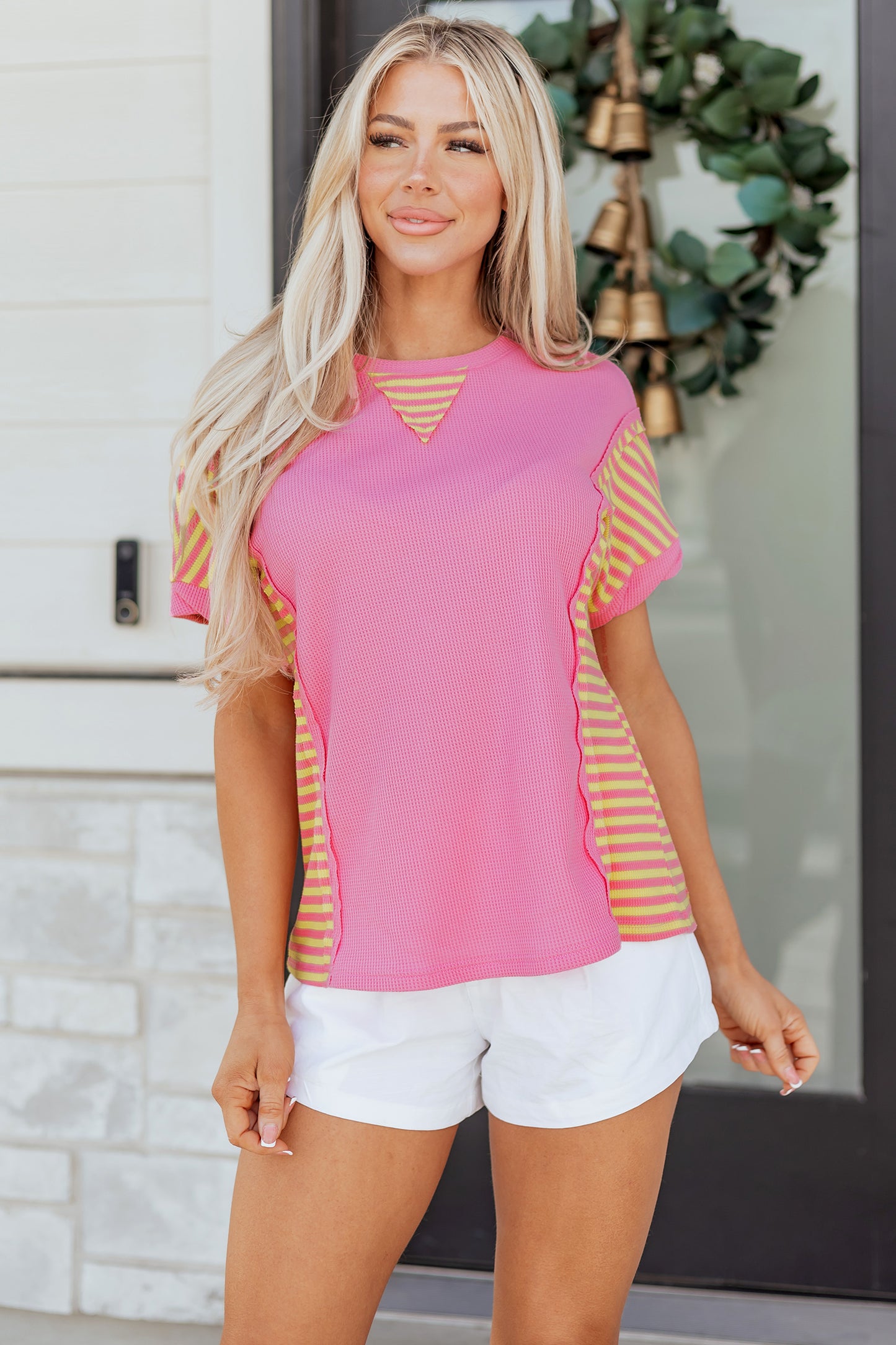 Bright Pink Waffle Textured Contrast Striped Patchwork Loose T Shirt-Tops/Tops & Tees-[Adult]-[Female]-2022 Online Blue Zone Planet