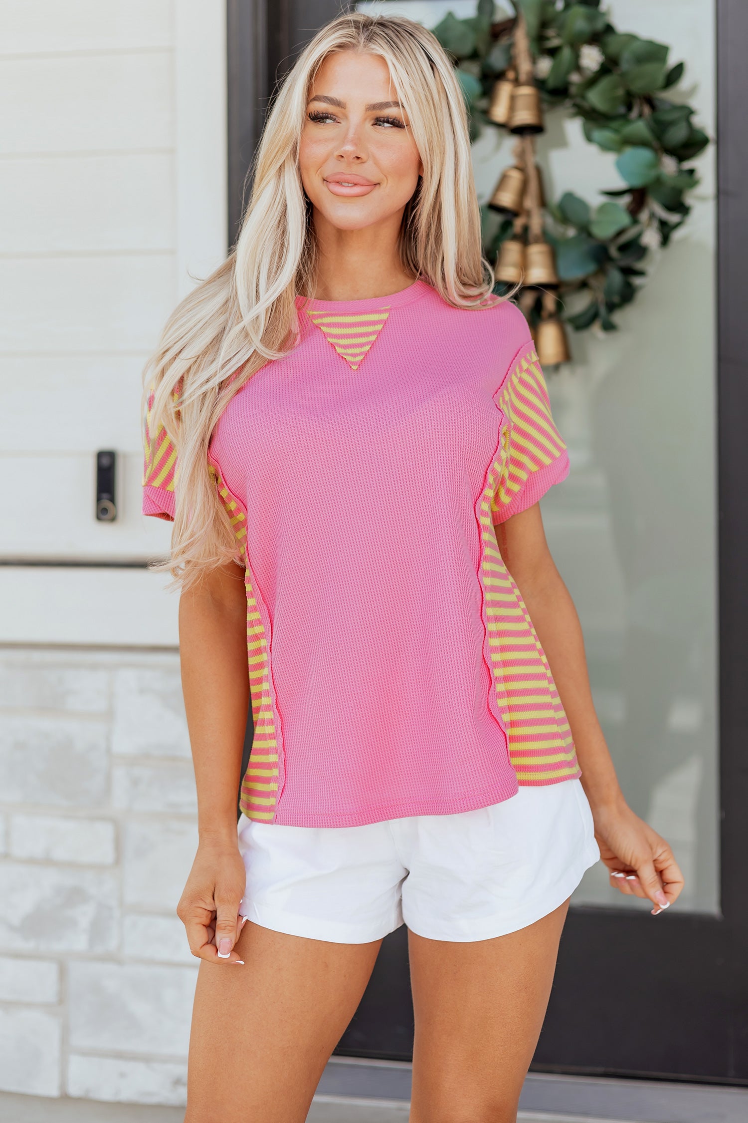 Bright Pink Waffle Textured Contrast Striped Patchwork Loose T Shirt-Tops/Tops & Tees-[Adult]-[Female]-2022 Online Blue Zone Planet