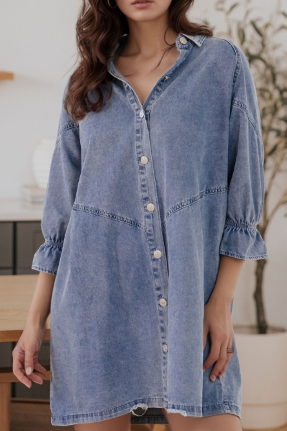 Blue Zone Planet | Distressed Collared Neck Flounce Sleeve Denim Dress-TOPS / DRESSES-[Adult]-[Female]-Light Blue-S-2022 Online Blue Zone Planet