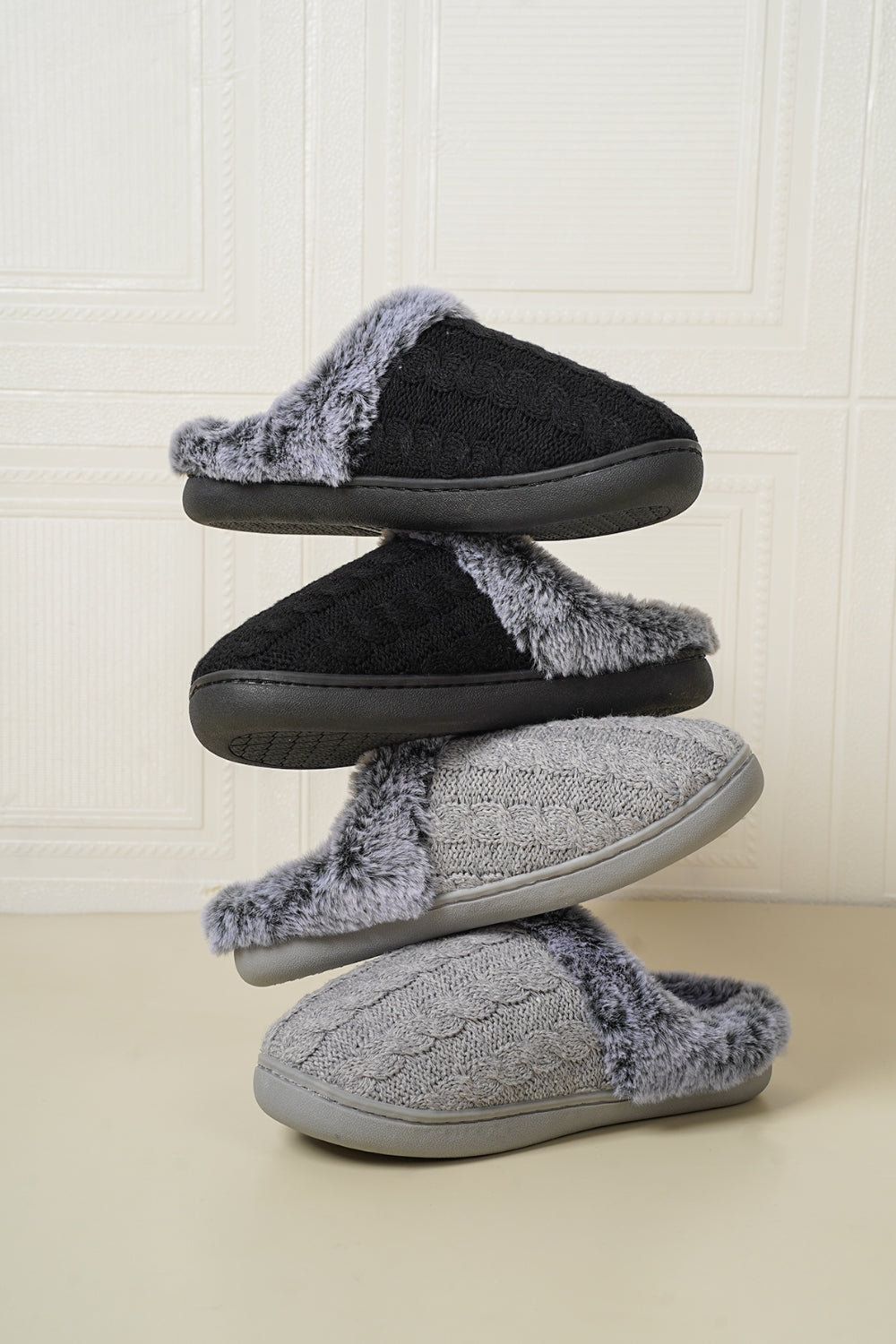 Blue Zone Planet | Cable-Knit Fluff Round Toe Slippers-SHOES-[Adult]-[Female]-2022 Online Blue Zone Planet