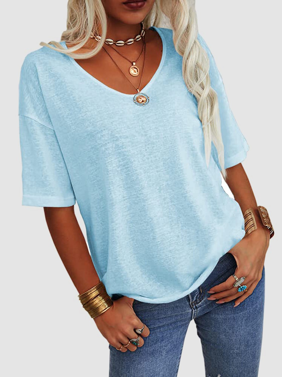 V-Neck Dropped Shoulder Half Sleeve T-Shirt-TOPS / DRESSES-[Adult]-[Female]-2022 Online Blue Zone Planet