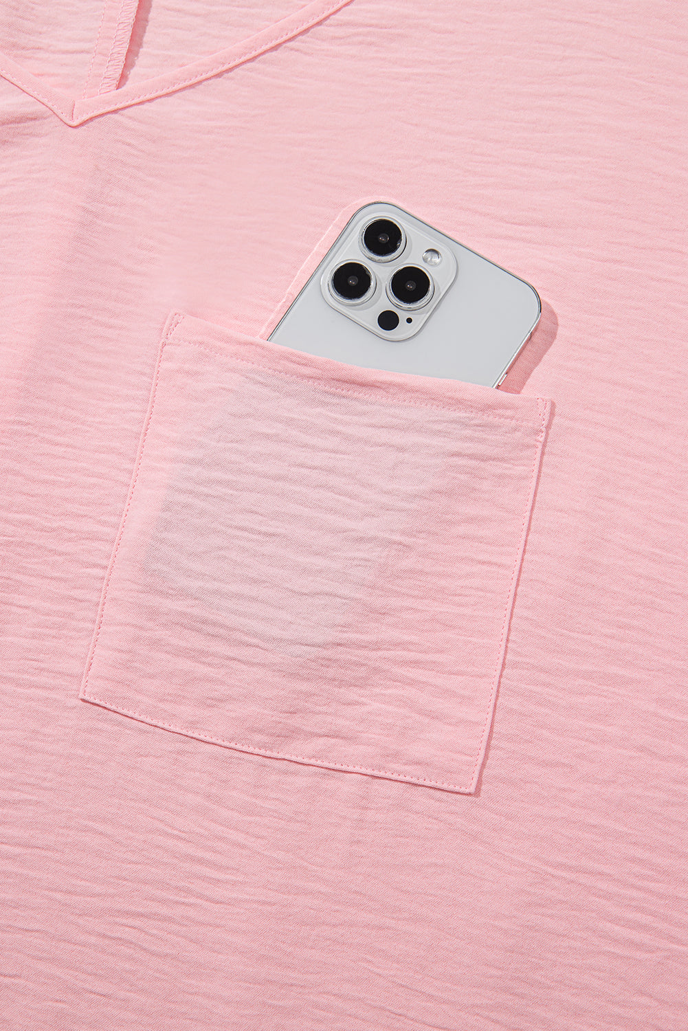 Pink Textured Half Sleeve V Neck Plus Size T Shirt With Chest Pocket-Plus Size/Plus Size Tops/Plus Size Tops & Tees-[Adult]-[Female]-2022 Online Blue Zone Planet
