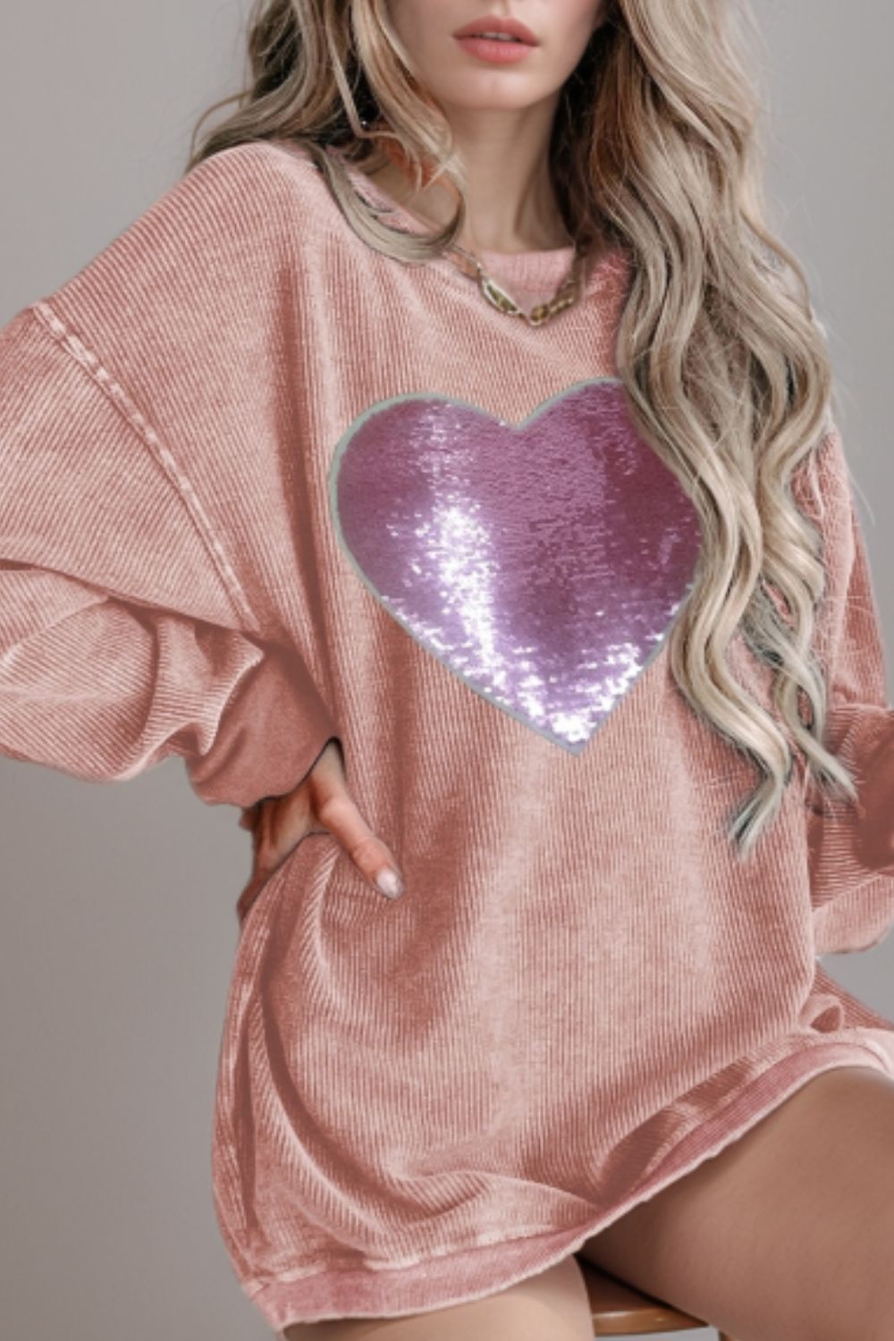 Valentine’s Day Sequin Heart Round Neck Long Sleeve Sweatshirt-TOPS / DRESSES-[Adult]-[Female]-2022 Online Blue Zone Planet