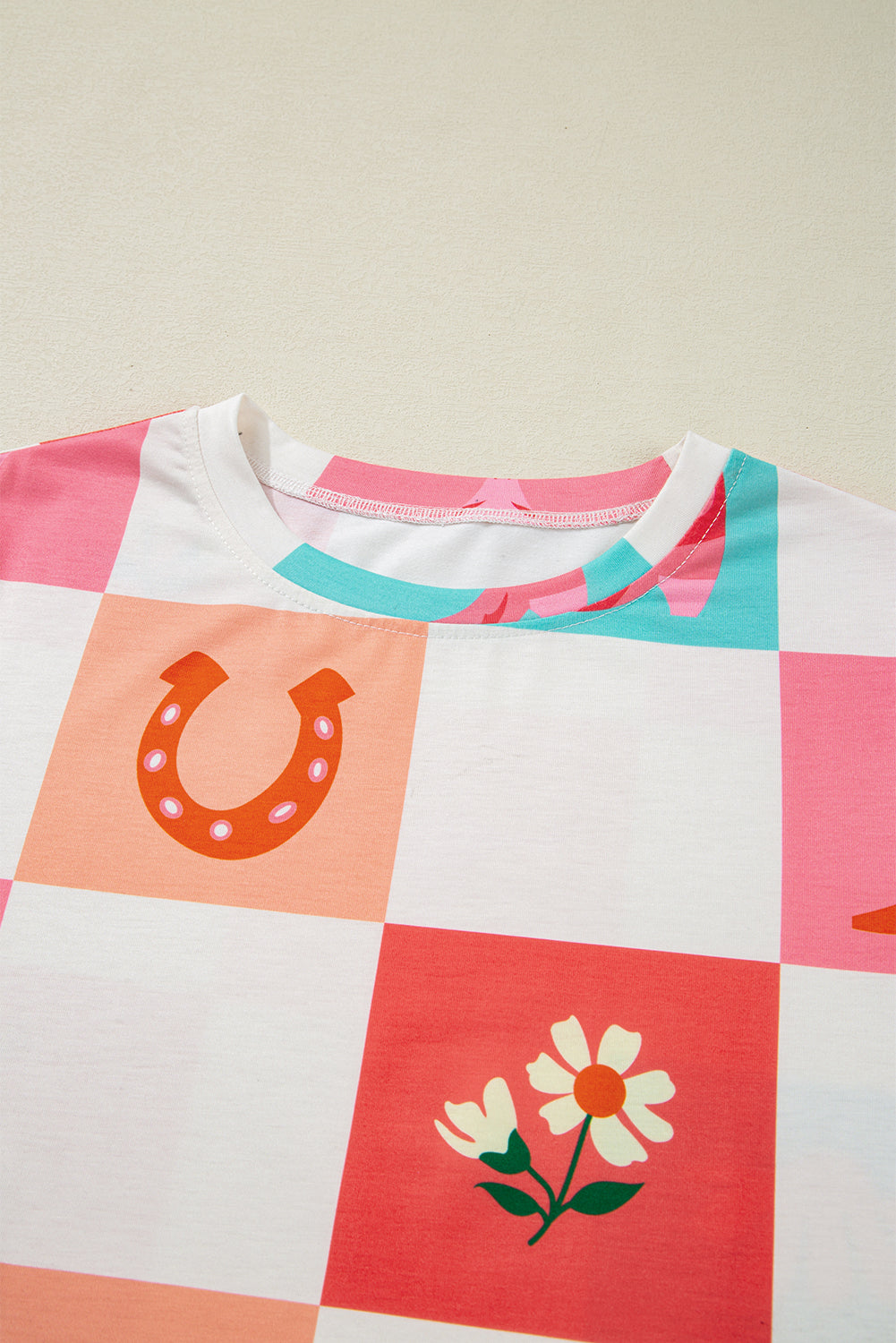 Orange Western Fashion Checker Print Crewneck T Shirt-Tops/Tops & Tees-[Adult]-[Female]-2022 Online Blue Zone Planet