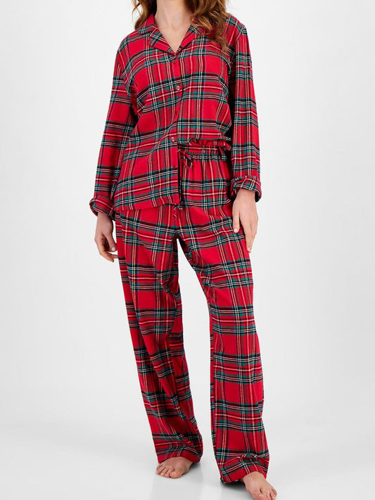 Blue Zone Planet | Plaid Collared Neck Button Up Top and Pants Lounge Set-TOPS / DRESSES-[Adult]-[Female]-Deep Red-S-2022 Online Blue Zone Planet