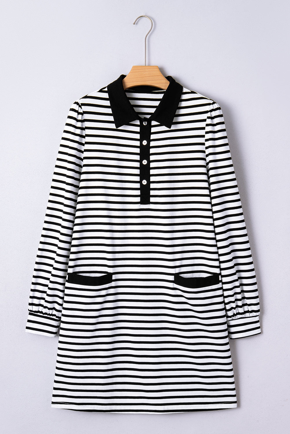 White Stripe Buttoned Front Collared Long Sleeve T Shirt Dress with Pockets-TOPS / DRESSES-[Adult]-[Female]-2022 Online Blue Zone Planet