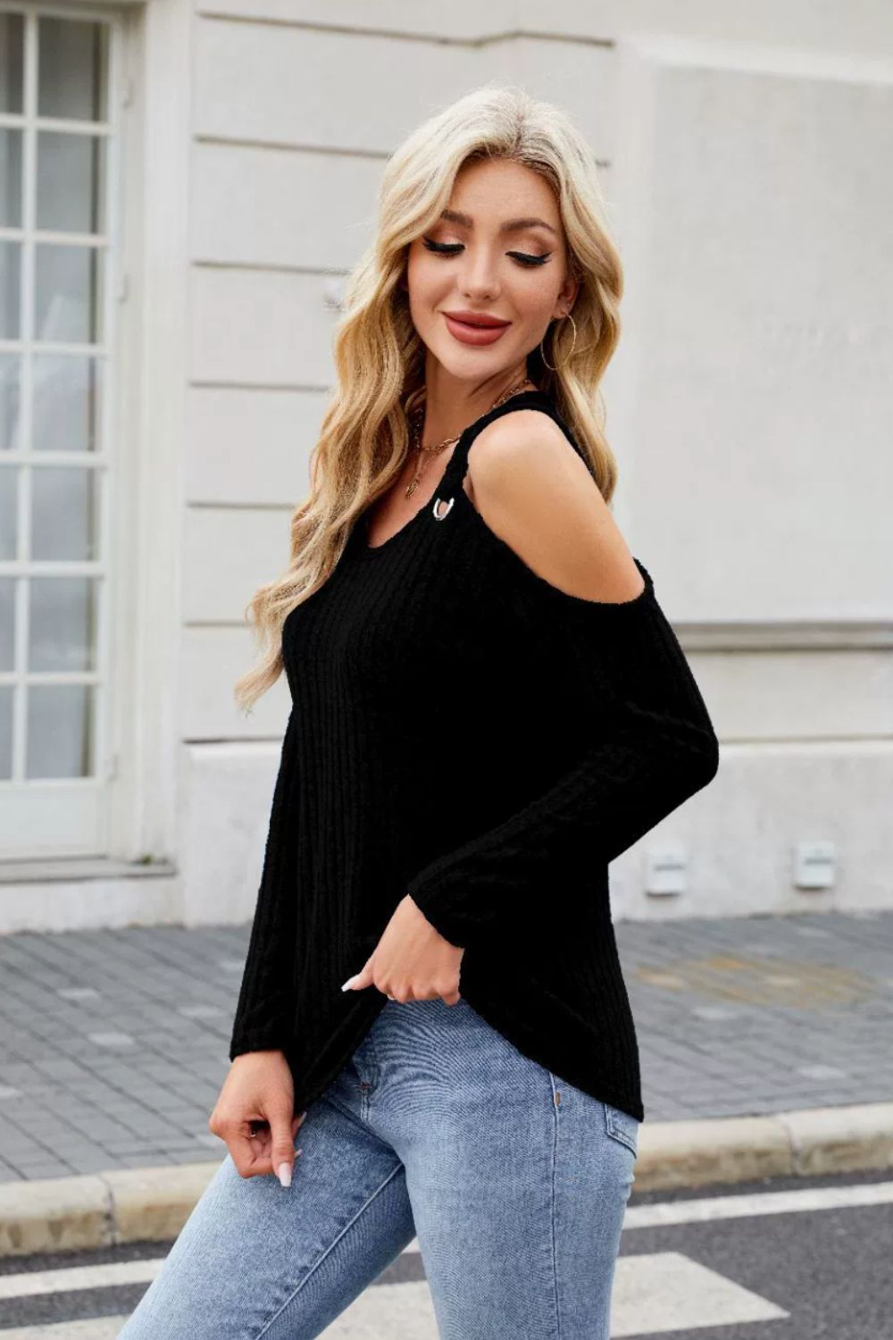 Ribbed Cold Shoulder Long Sleeve Top-TOPS / DRESSES-[Adult]-[Female]-2022 Online Blue Zone Planet