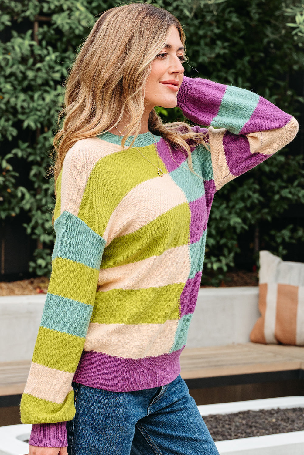 Green Stripe Drop Shoulder Ribbed Edge Casual Sweater-TOPS / DRESSES-[Adult]-[Female]-2022 Online Blue Zone Planet