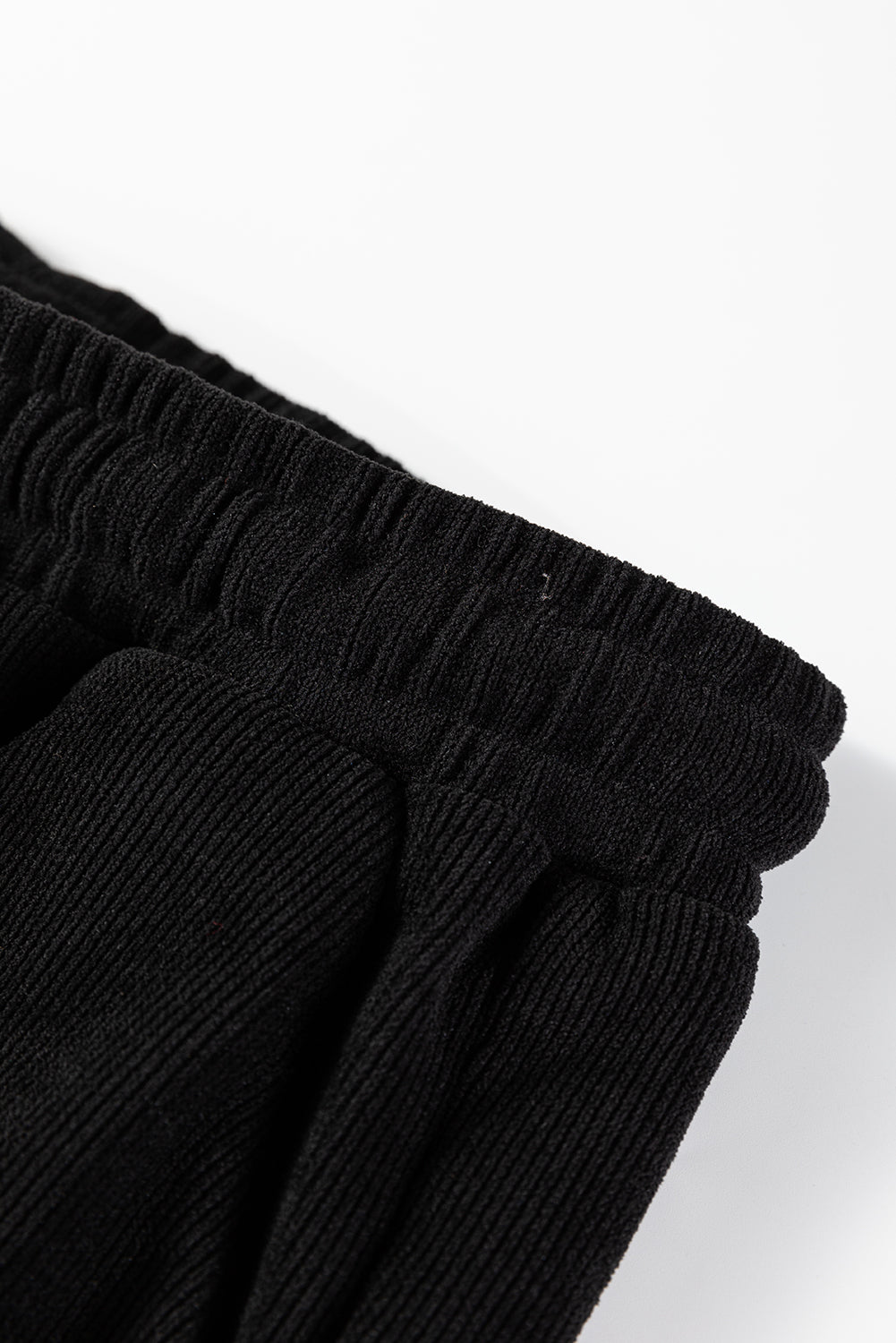 Black Solid Color Textured Knit Drop Shoulder Pullover Drawstring Shorts Set-Two Piece Sets/Short Sets-[Adult]-[Female]-2022 Online Blue Zone Planet