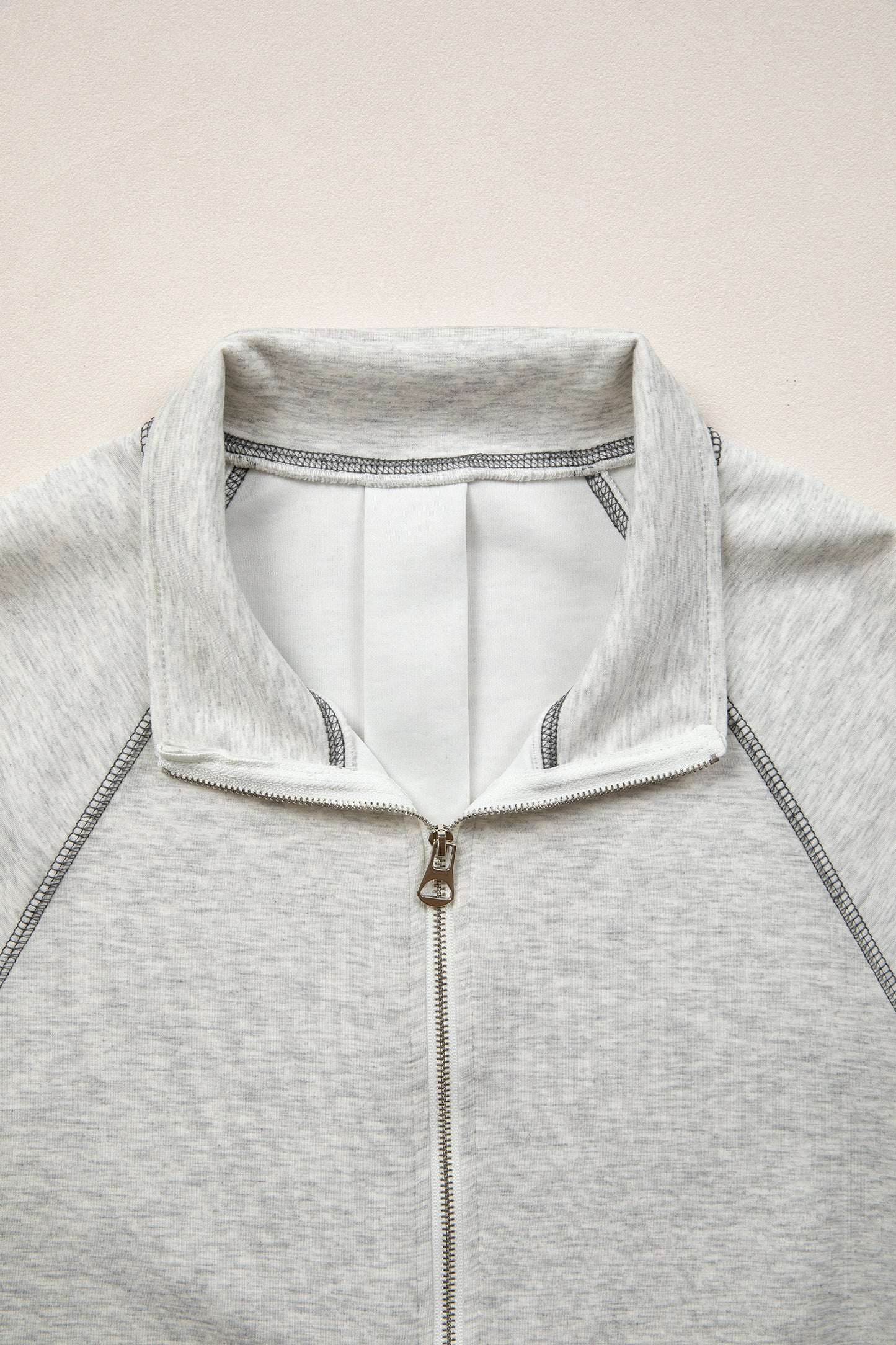 Light Grey Half Zip Stand Neck Seam Detail Long Sleeve Top-Tops/Long Sleeve Tops-[Adult]-[Female]-2022 Online Blue Zone Planet