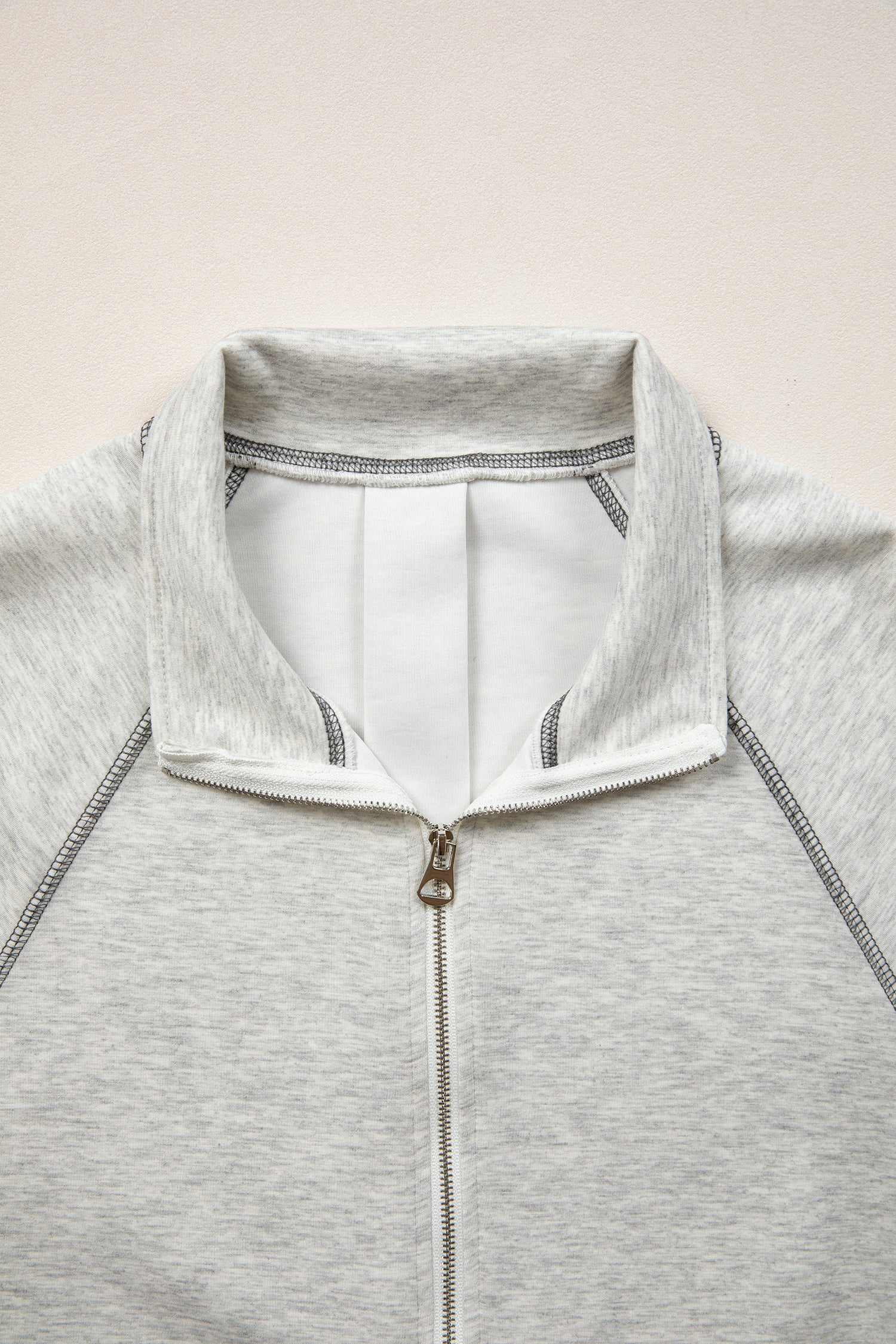 Light Grey Half Zip Stand Neck Seam Detail Long Sleeve Top-Tops/Long Sleeve Tops-[Adult]-[Female]-2022 Online Blue Zone Planet